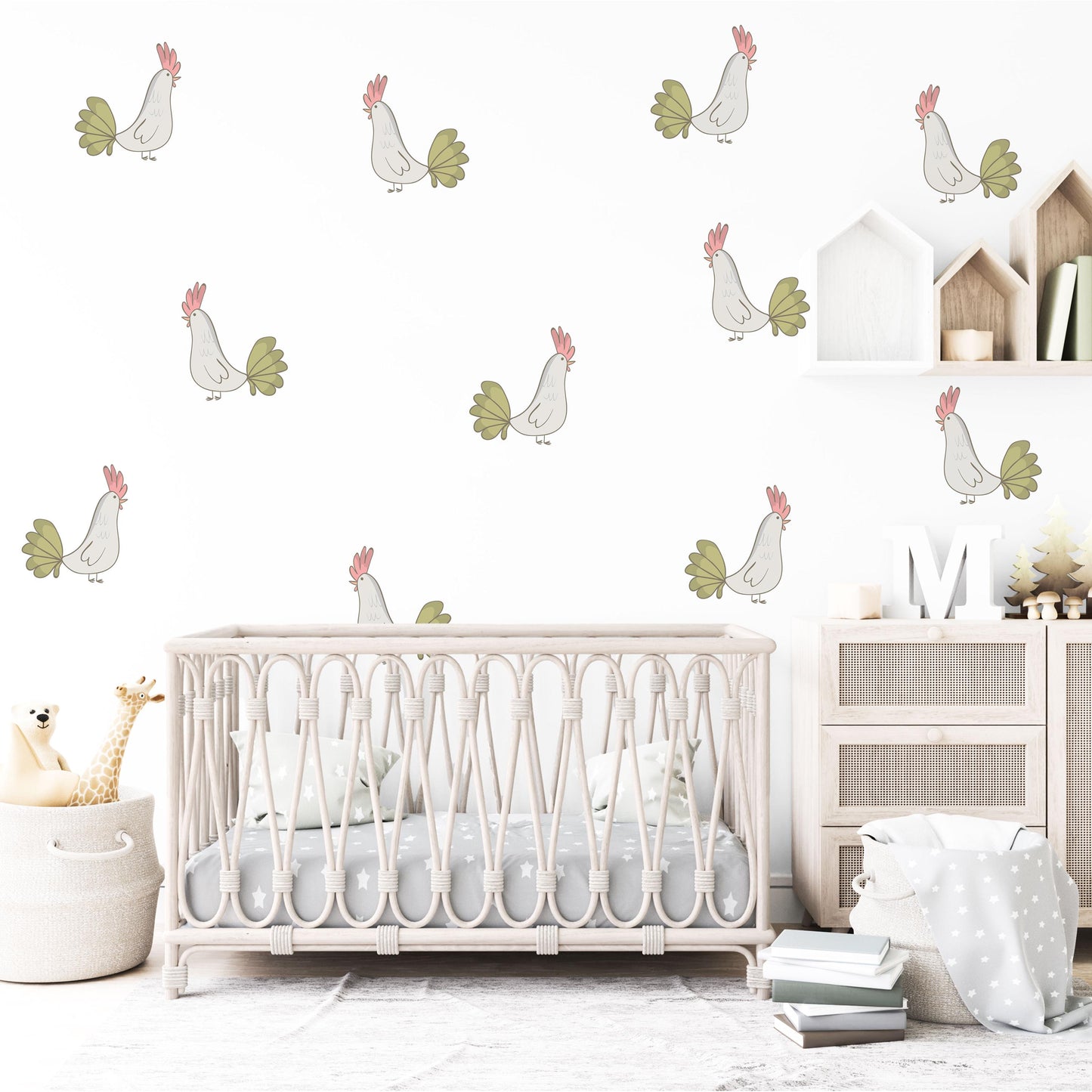 Chicken Wall Decals Nursery Peel and Stick Farm Animal Wall Stickers Hen Chicken Bedroom Playroom Boho Farmhouse Decor