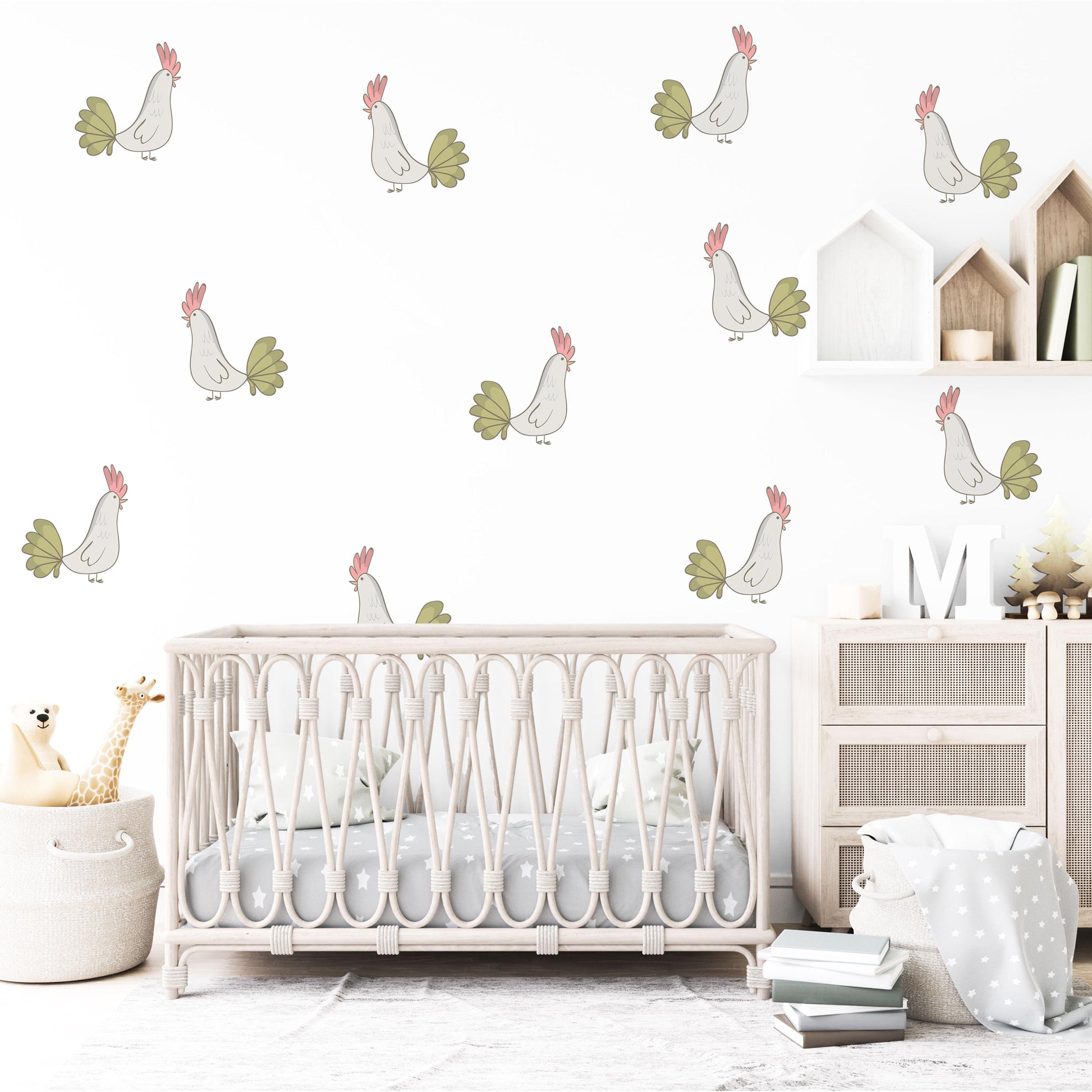 Chicken Wall Decals Nursery Peel and Stick Farm Animal Wall Stickers Hen Chicken Bedroom Playroom Boho Farmhouse Decor