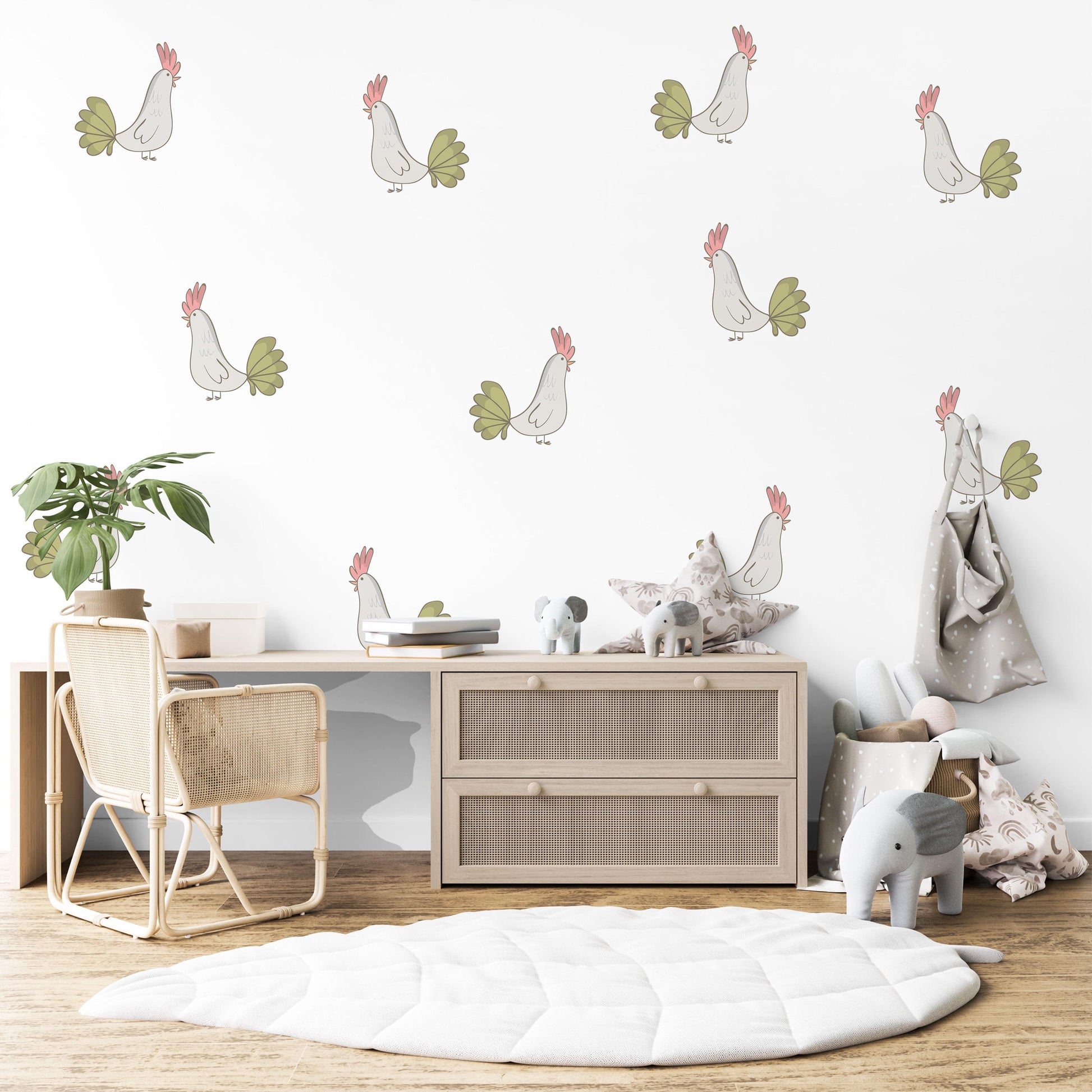 Chicken Wall Decals Nursery Peel and Stick Farm Animal Wall Stickers Hen Chicken Bedroom Playroom Boho Farmhouse Decor