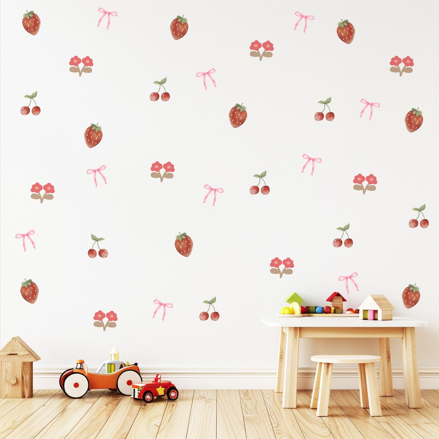 Strawberry Cherry Wall Decals Nursery Peel and Stick Fruit Wall Stickers Pink Bow Baby Girl Bedroom Boho Wall Decor