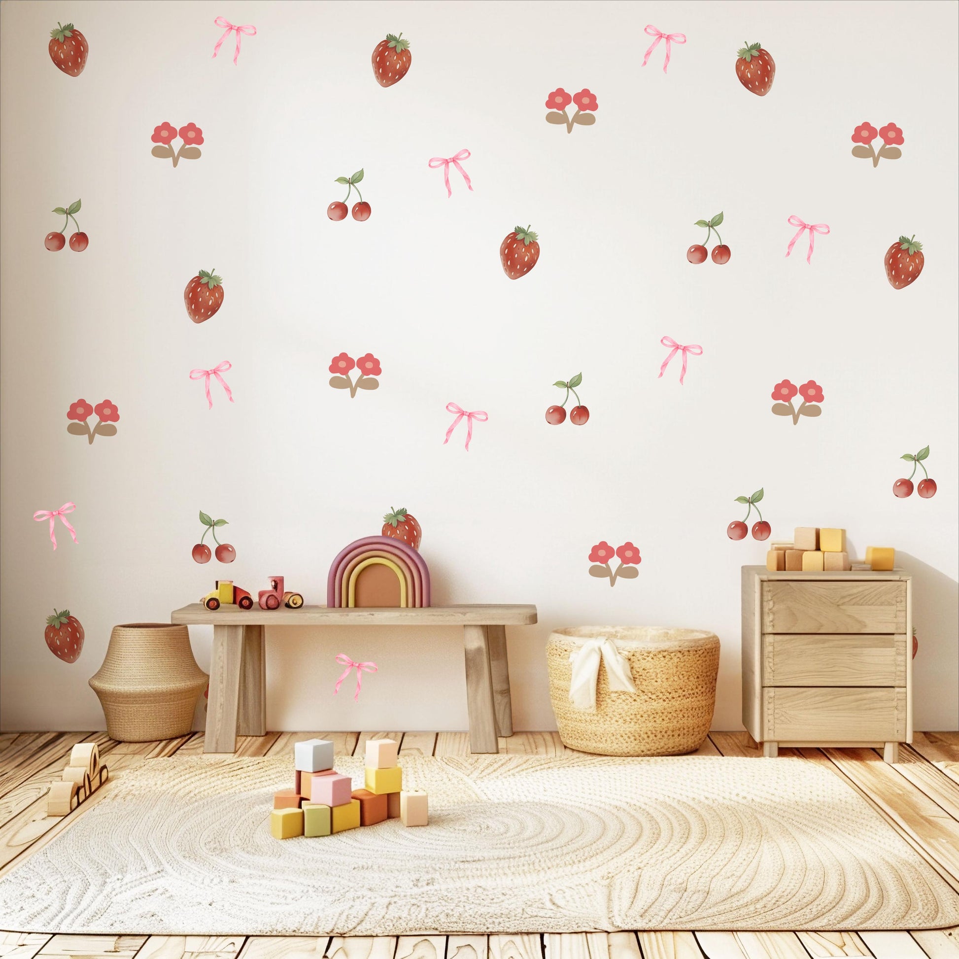 Strawberry Cherry Wall Decals Nursery Peel and Stick Fruit Wall Stickers Pink Bow Baby Girl Bedroom Boho Wall Decor