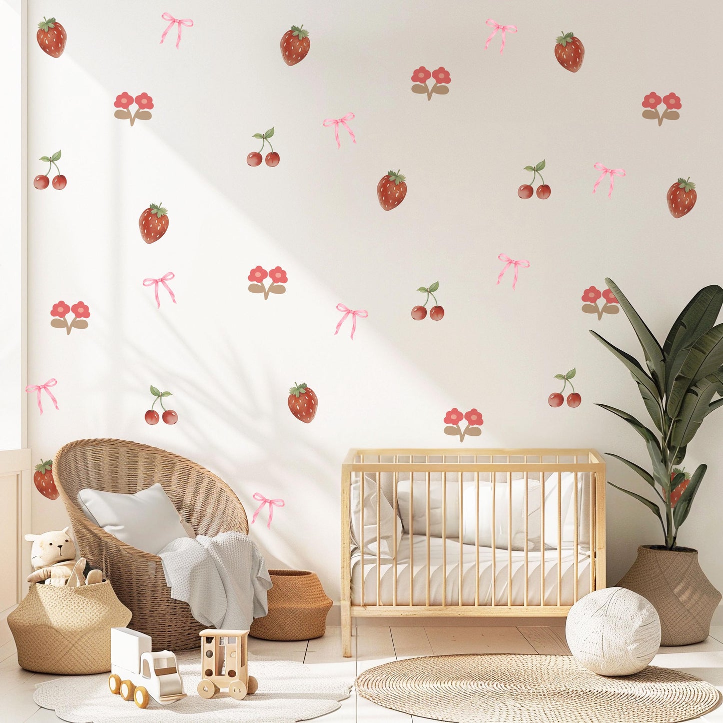 Strawberry Cherry Wall Decals Nursery Peel and Stick Fruit Wall Stickers Pink Bow Baby Girl Bedroom Boho Wall Decor