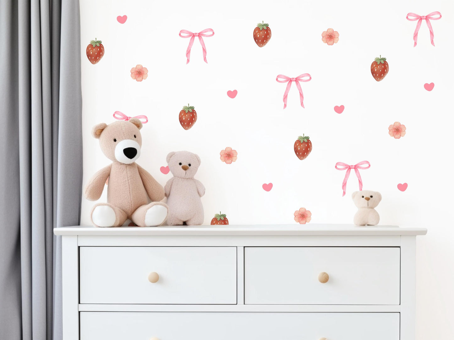 Strawberry Bow Wall Decals Nursery Peel and Stick Wall Stickers Pink Floral Baby Girl Bedroom Boho Wall Decor Removable