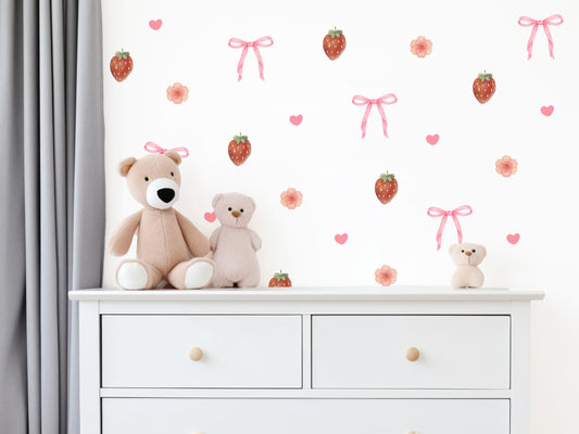 Strawberry Bow Wall Decals Nursery Peel and Stick Wall Stickers Pink Floral Baby Girl Bedroom Boho Wall Decor Removable