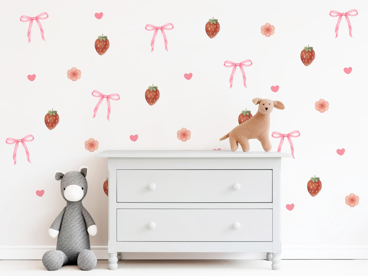 Strawberry Bow Wall Decals Nursery Peel and Stick Wall Stickers Pink Floral Baby Girl Bedroom Boho Wall Decor Removable