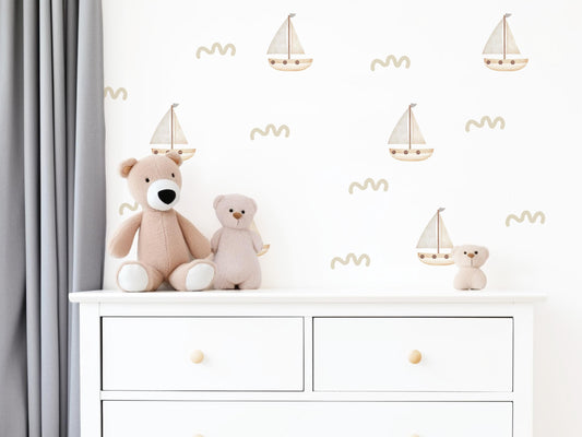 Boat Wall Stickers, Neutral Nursery Decor, Sailboat Nursery Wall Decals, Nautical Kids Room Decor, Peel and Stick Boho Wall Art