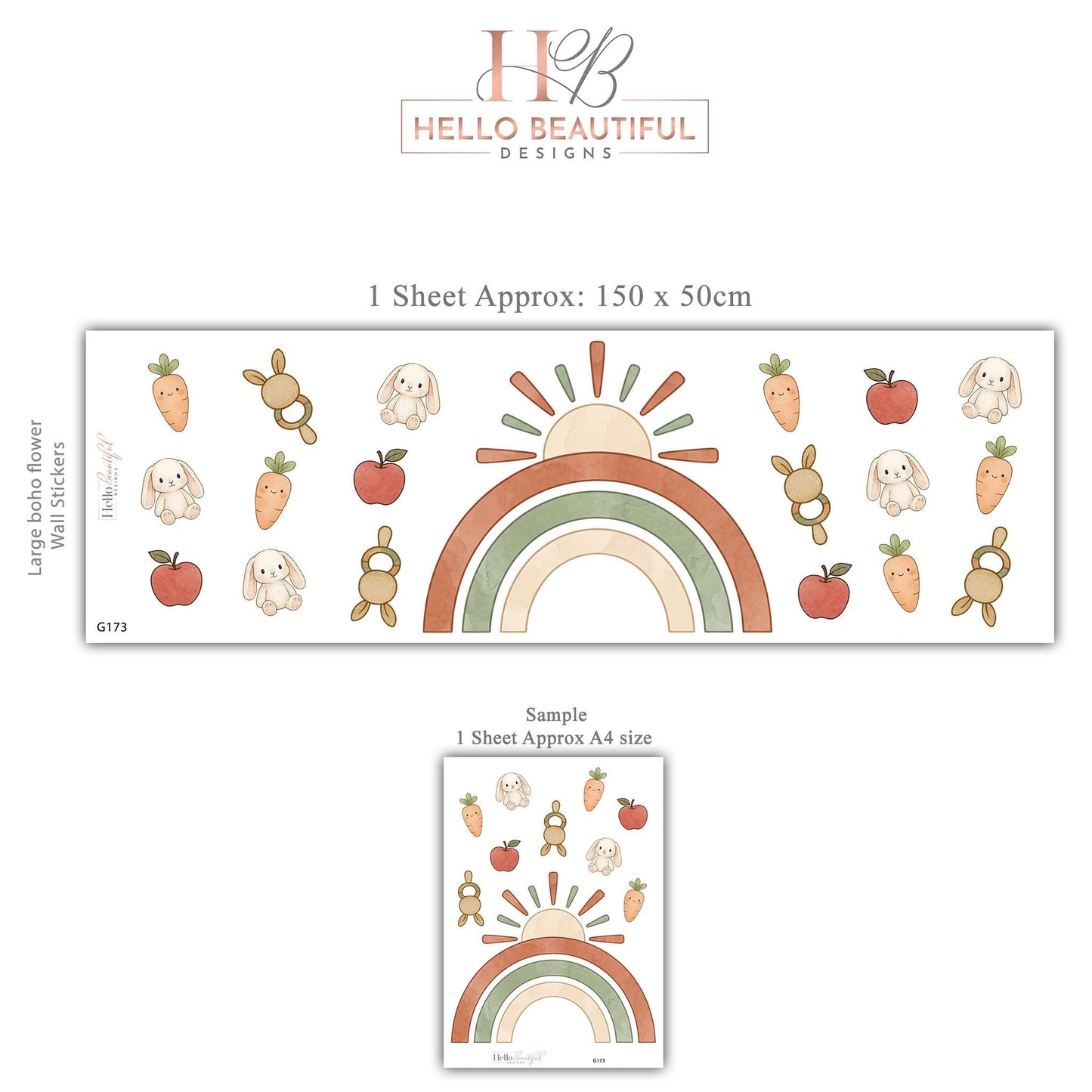 Rainbow Wall Stickers, Boho Bunny Nursery Decor, Sun Carrot Kids Room Wall Decals, Neutral Baby Room Decor, Peel and Stick Wall Art