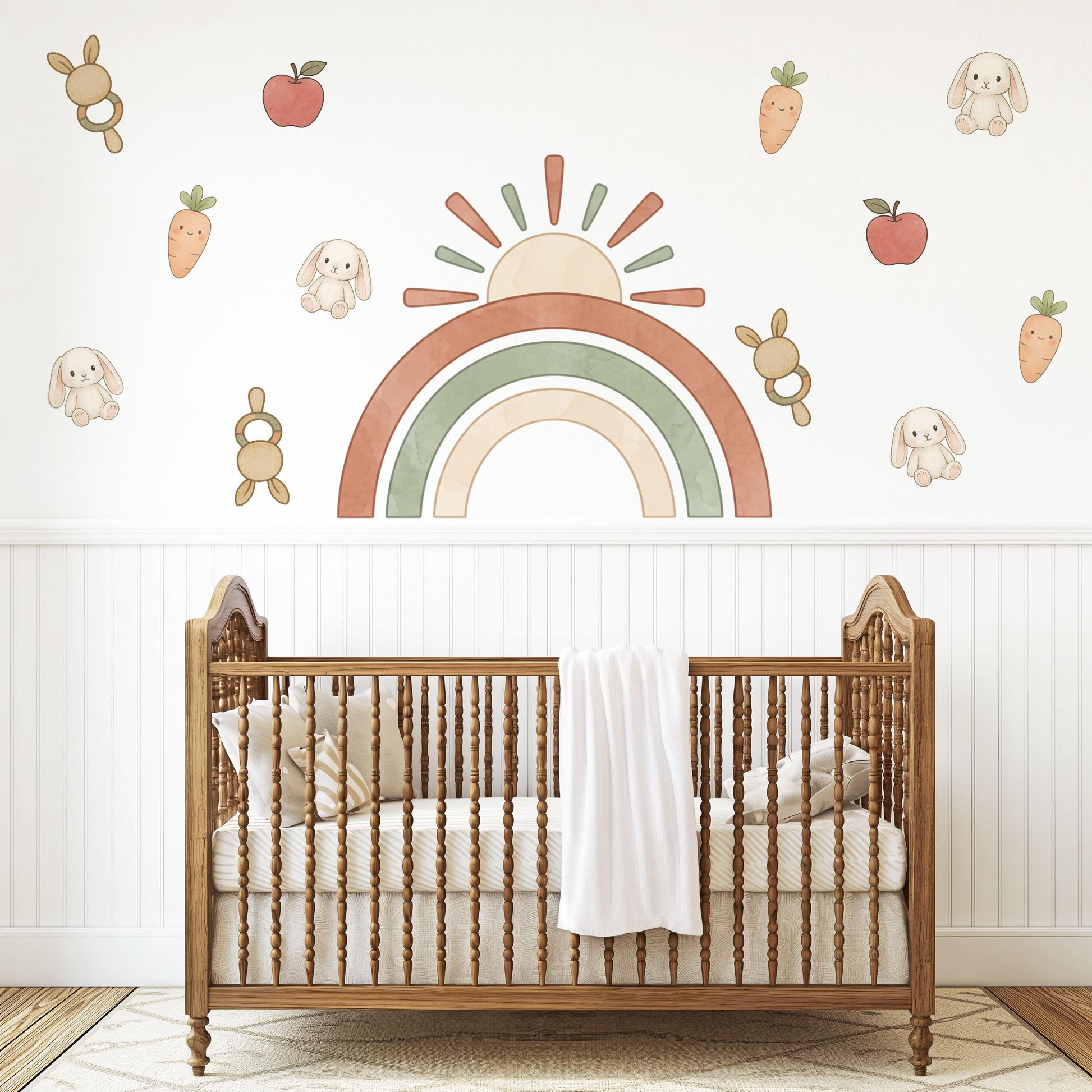 Rainbow Wall Stickers, Boho Bunny Nursery Decor, Sun Carrot Kids Room Wall Decals, Neutral Baby Room Decor, Peel and Stick Wall Art