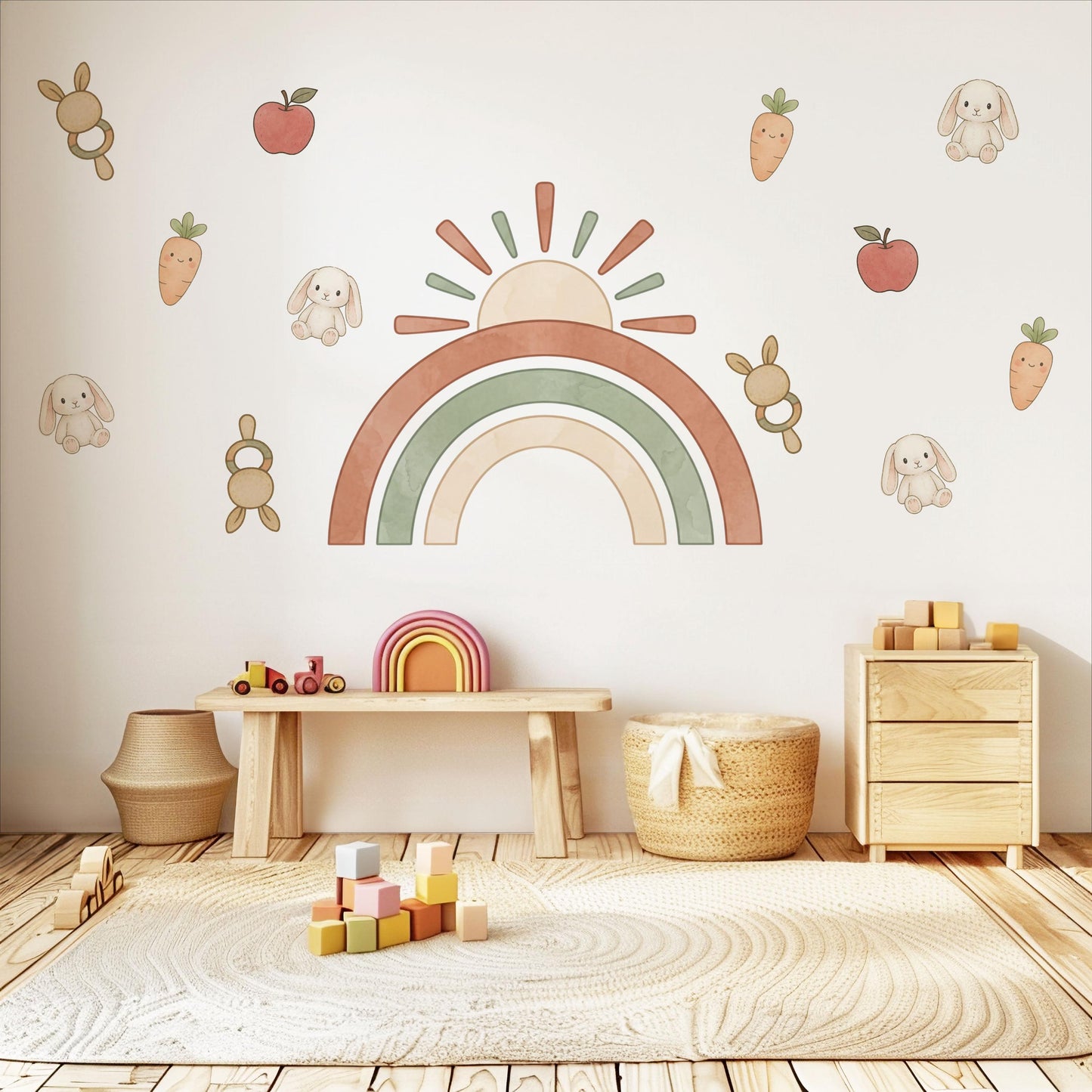 Rainbow Wall Stickers, Boho Bunny Nursery Decor, Sun Carrot Kids Room Wall Decals, Neutral Baby Room Decor, Peel and Stick Wall Art