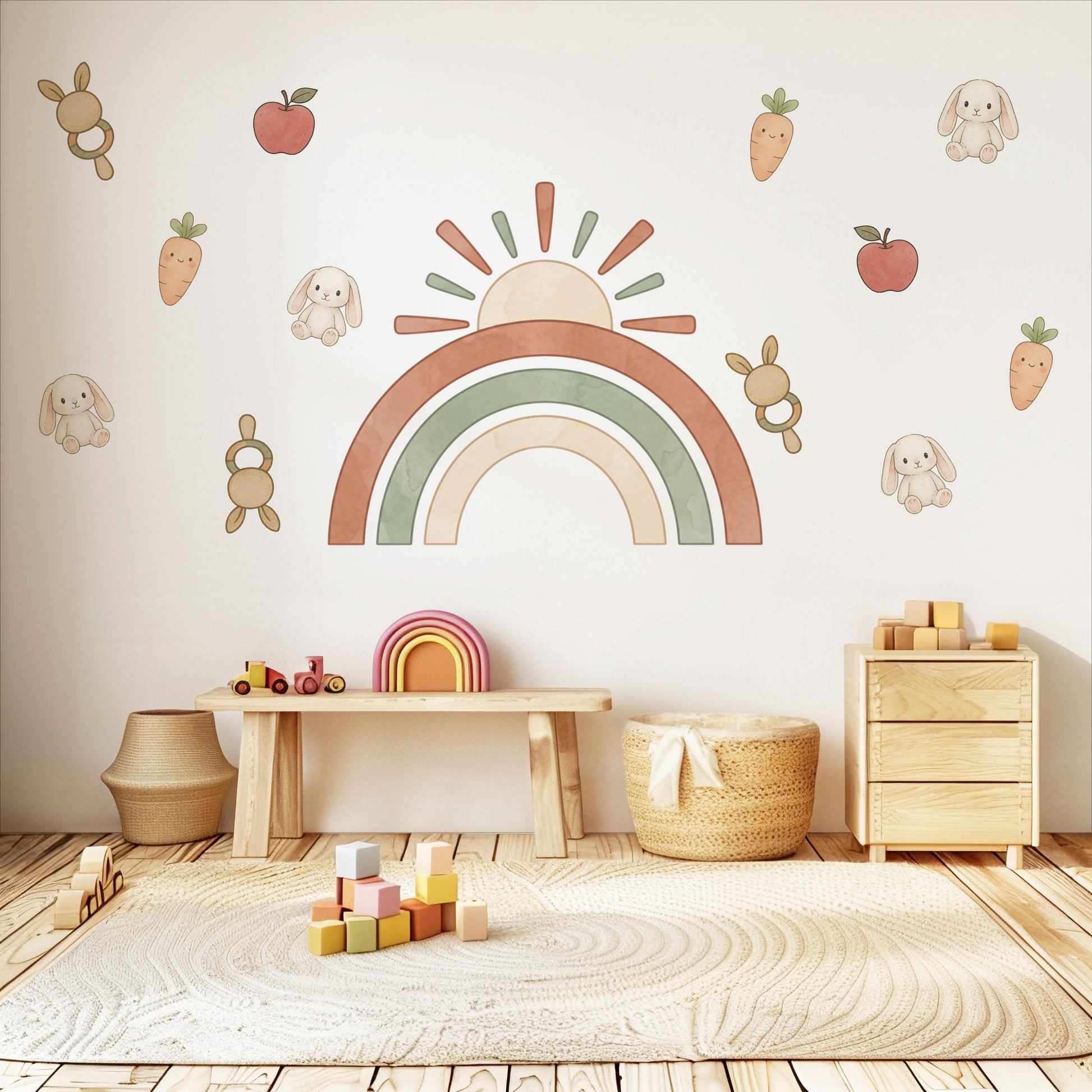 Rainbow Wall Stickers, Boho Bunny Nursery Decor, Sun Carrot Kids Room Wall Decals, Neutral Baby Room Decor, Peel and Stick Wall Art
