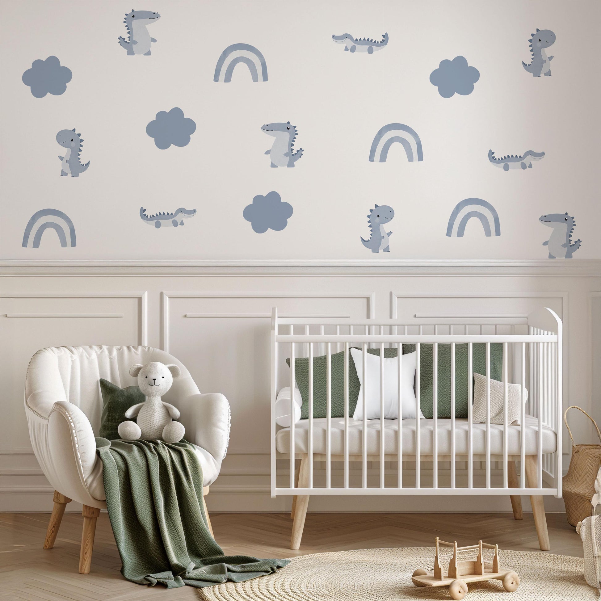 Dinosaur Wall Stickers, Blue Boy Nursery Decor, Dino Rainbow Kids Room Wall Decals, Neutral Baby Room Decor, Peel and Stick Wall Art