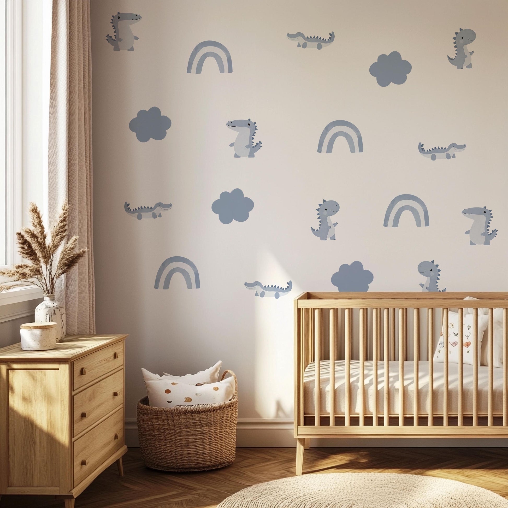 Dinosaur Wall Stickers, Blue Boy Nursery Decor, Dino Rainbow Kids Room Wall Decals, Neutral Baby Room Decor, Peel and Stick Wall Art