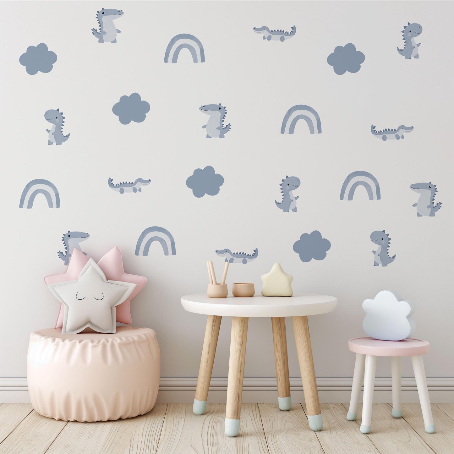 Dinosaur Wall Stickers, Blue Boy Nursery Decor, Dino Rainbow Kids Room Wall Decals, Neutral Baby Room Decor, Peel and Stick Wall Art