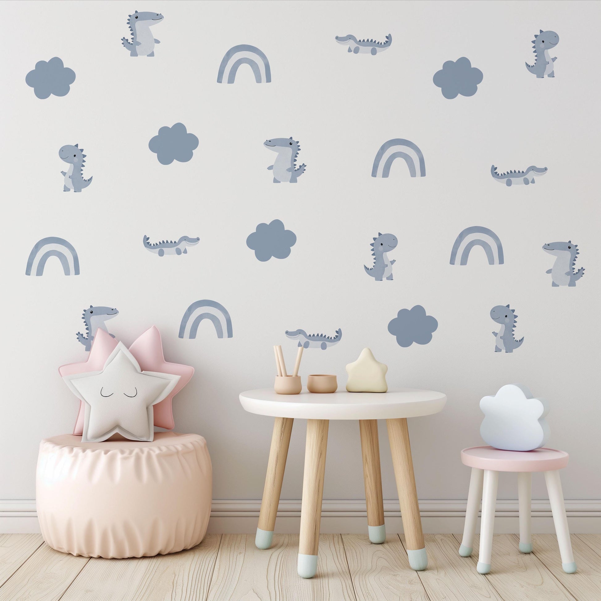 Dinosaur Wall Stickers, Blue Boy Nursery Decor, Dino Rainbow Kids Room Wall Decals, Neutral Baby Room Decor, Peel and Stick Wall Art