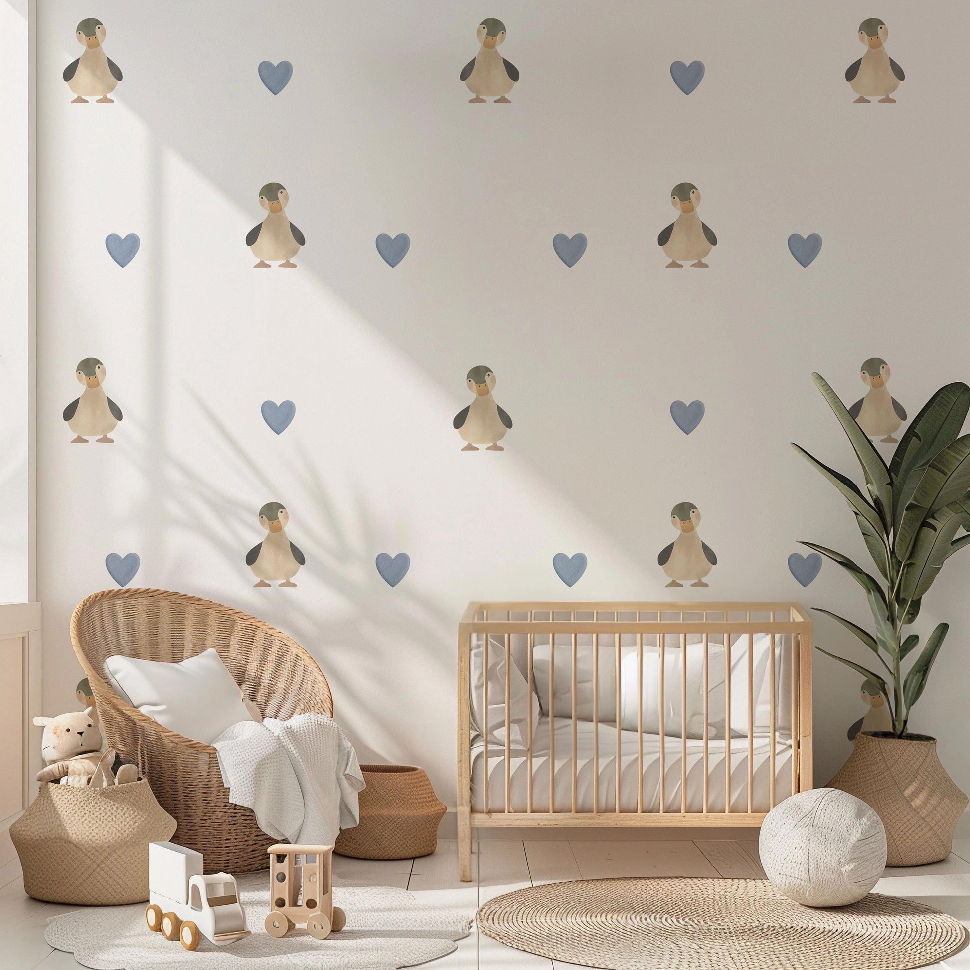 Duck Wall Stickers, Neutral Blue Nursery Decor, Duckling Heart Kids Room Wall Decals, Baby Boy Room Decor, Peel and Stick Wall Art