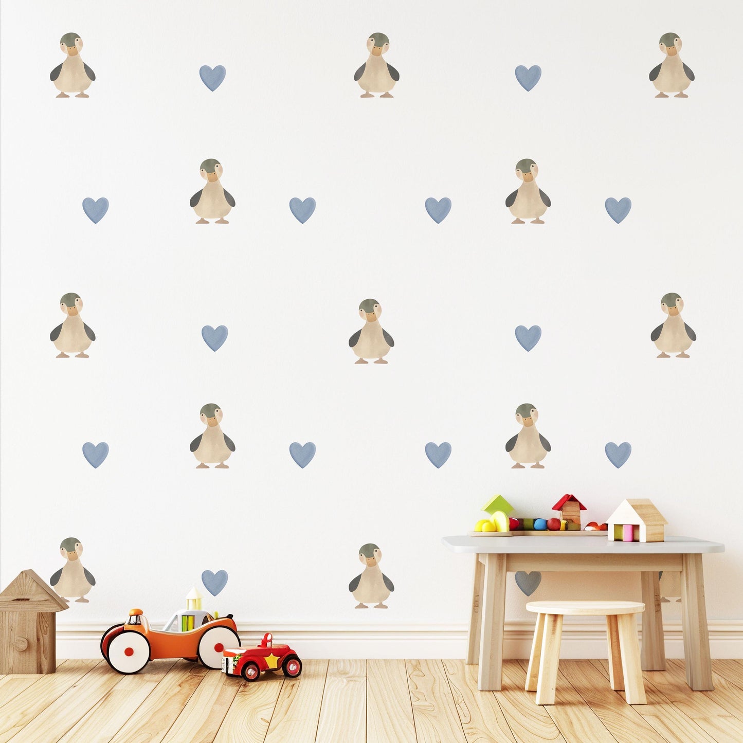 Duck Wall Stickers, Neutral Blue Nursery Decor, Duckling Heart Kids Room Wall Decals, Baby Boy Room Decor, Peel and Stick Wall Art