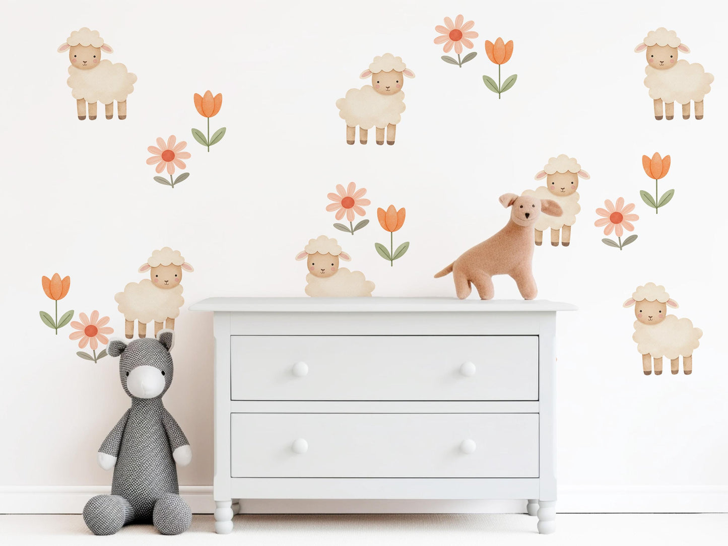 Sheep Wall Stickers, Neutral Floral Nursery Decor, Lamb Daisy Kids Room Wall Decals, Farm Baby Room Decor, Peel and Stick Wall Art