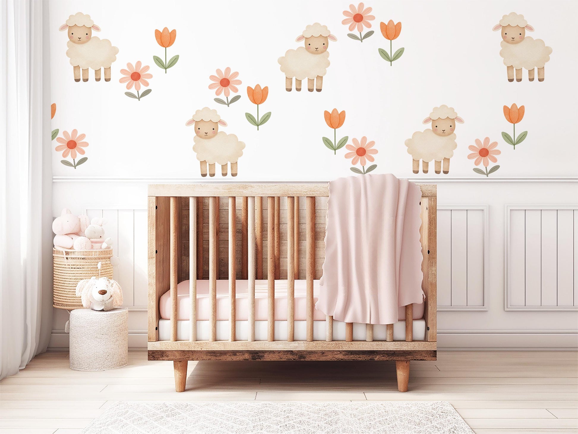 Sheep Wall Stickers, Neutral Floral Nursery Decor, Lamb Daisy Kids Room Wall Decals, Farm Baby Room Decor, Peel and Stick Wall Art