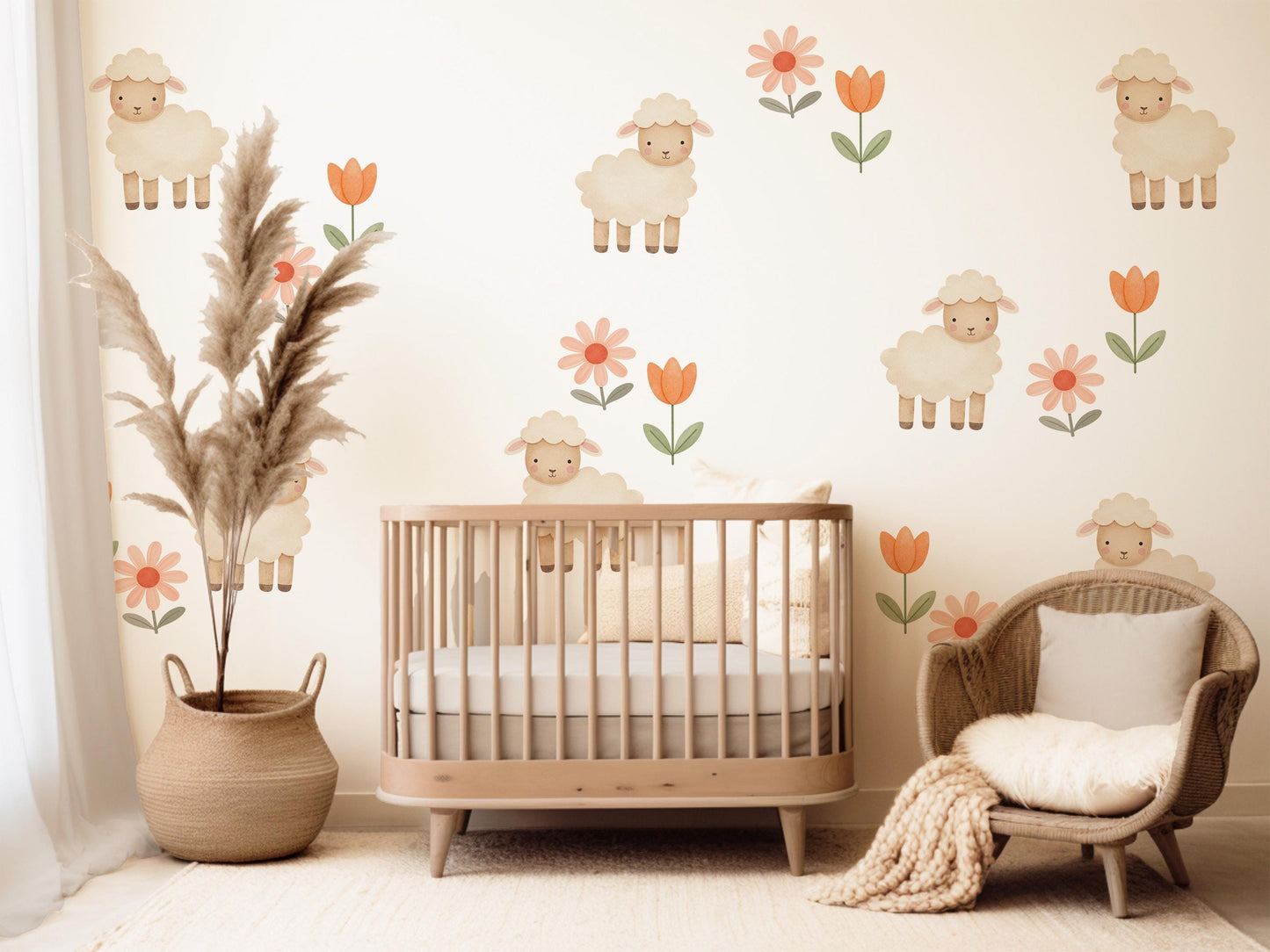 Sheep Wall Stickers, Neutral Floral Nursery Decor, Lamb Daisy Kids Room Wall Decals, Farm Baby Room Decor, Peel and Stick Wall Art