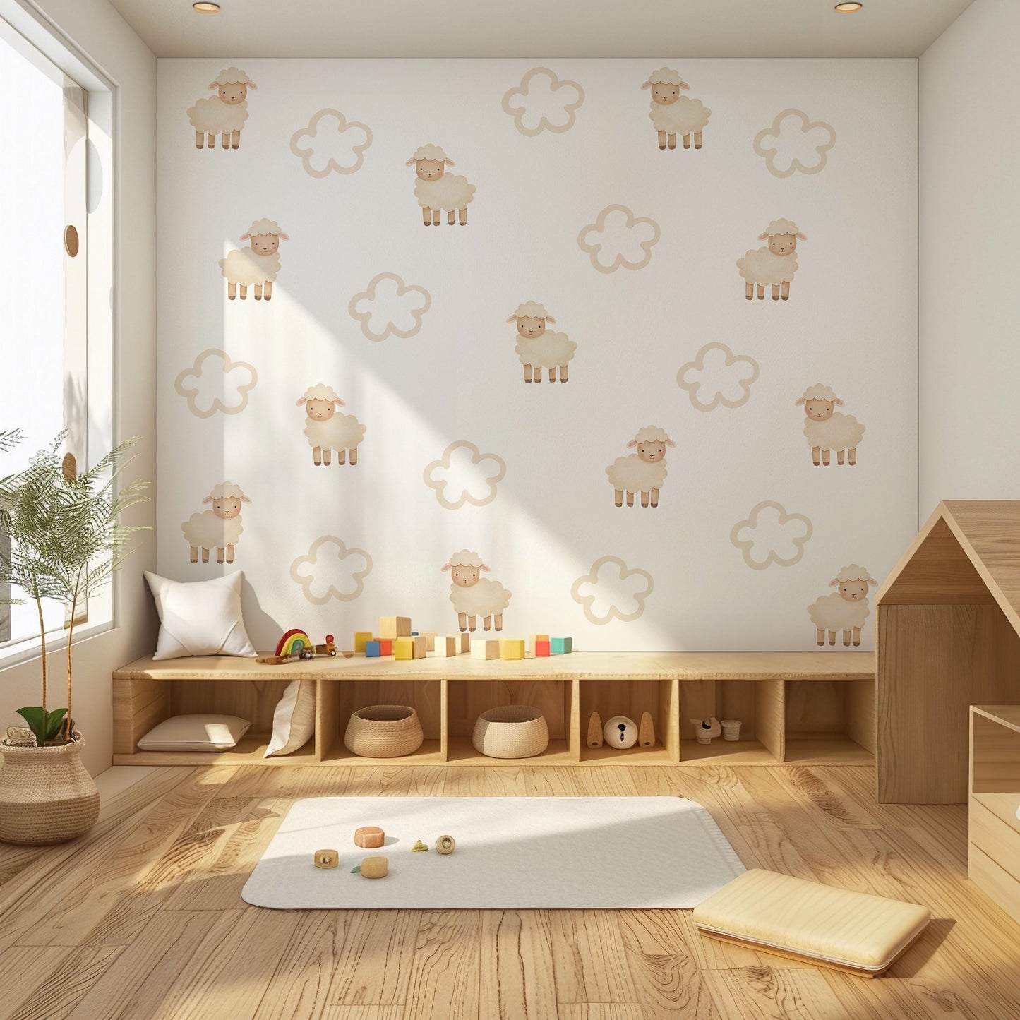 Sheep Wall Stickers, Neutral Cloud Nursery Decor, Counting Sheep Kids Room Wall Decals, Baby Room Decor, Peel and Stick Wall Art