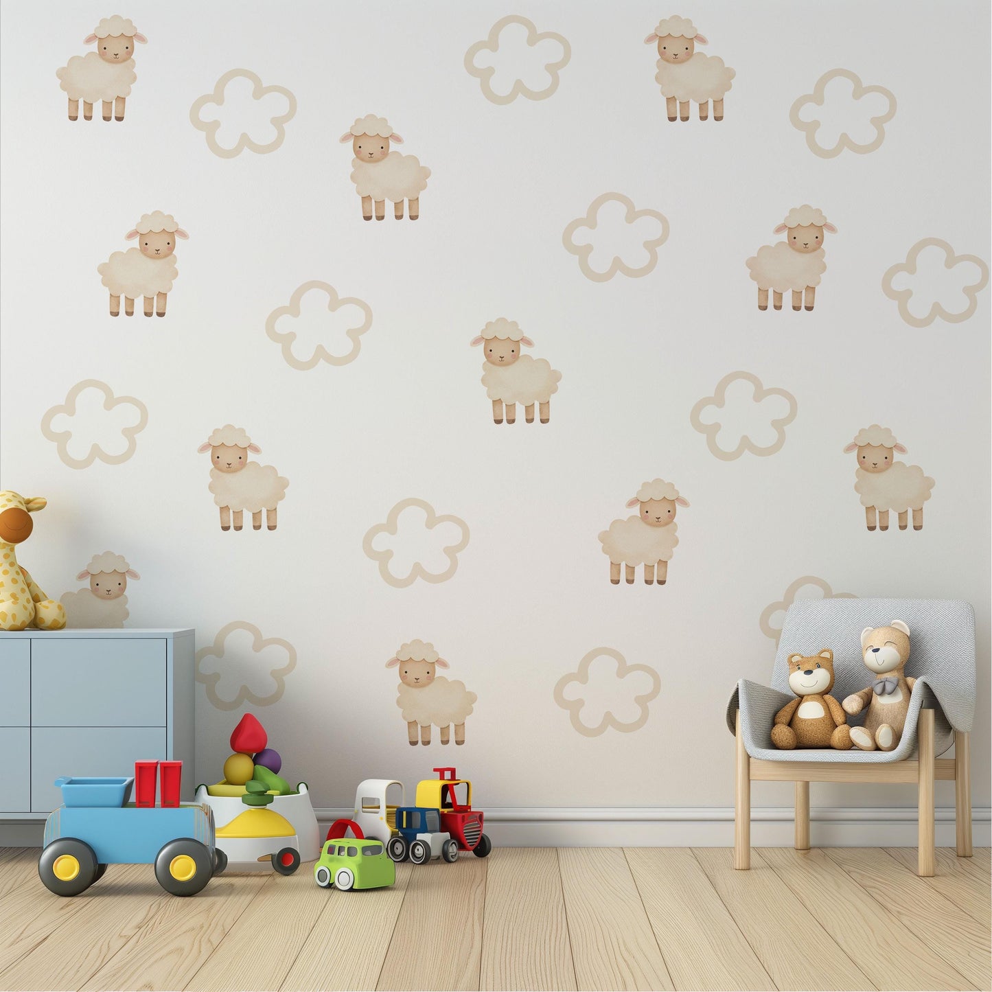 Sheep Wall Stickers, Neutral Cloud Nursery Decor, Counting Sheep Kids Room Wall Decals, Baby Room Decor, Peel and Stick Wall Art