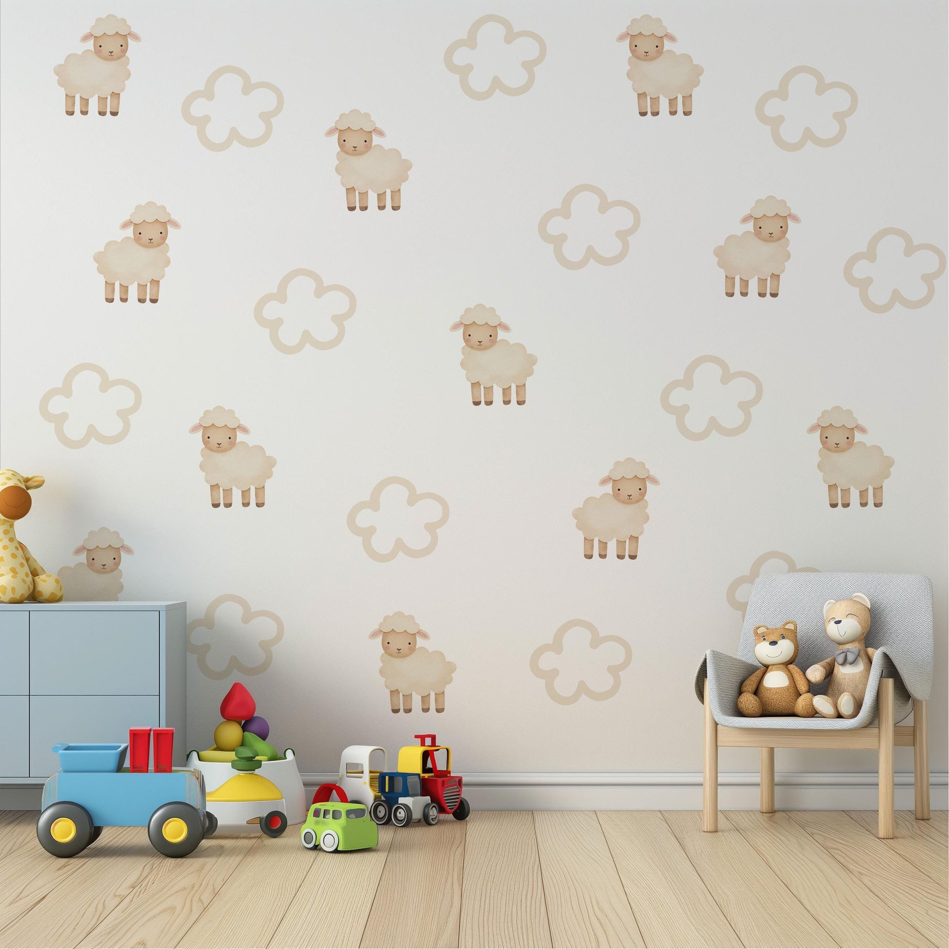 Sheep Wall Stickers, Neutral Cloud Nursery Decor, Counting Sheep Kids Room Wall Decals, Baby Room Decor, Peel and Stick Wall Art