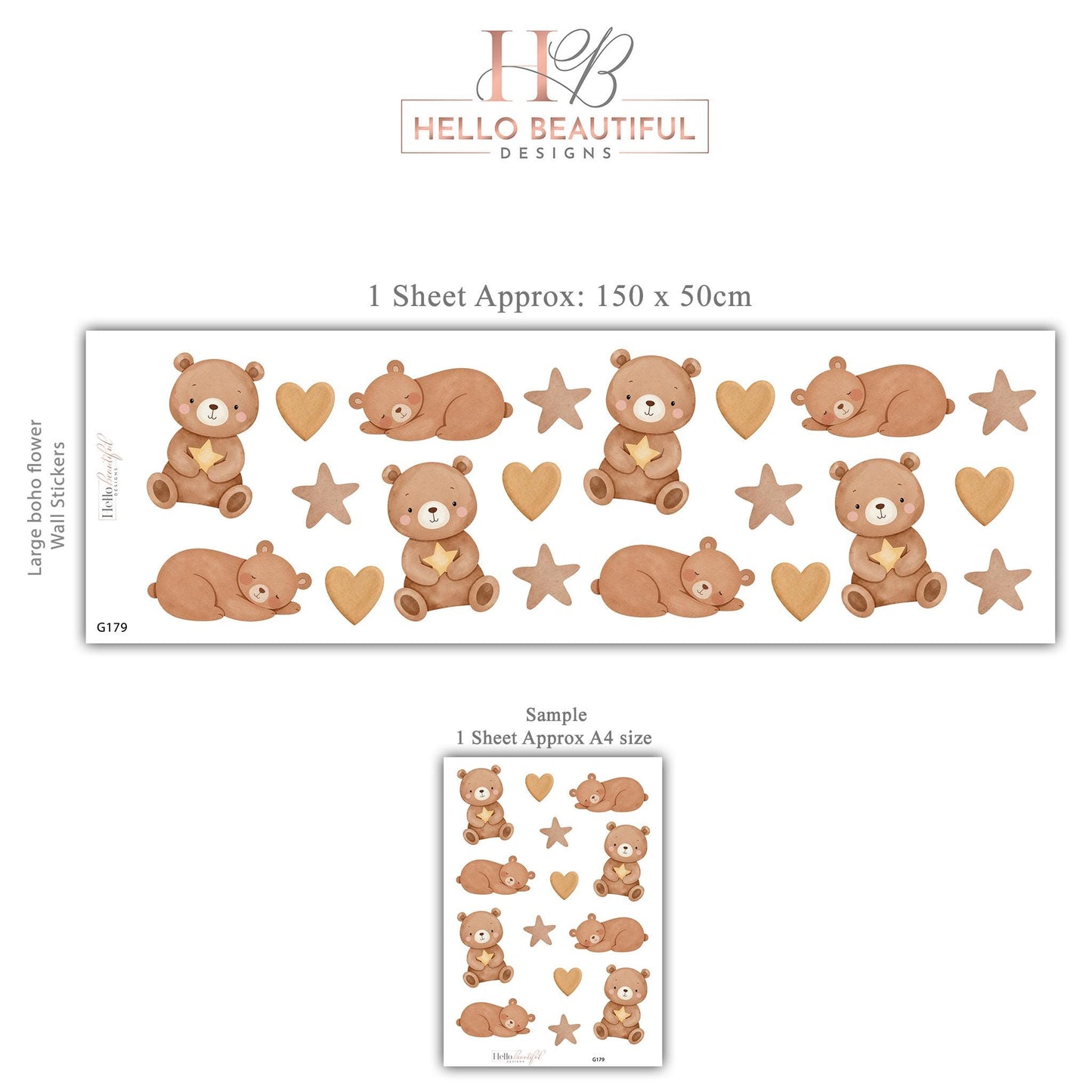 Teddy Bear Wall Stickers, Neutral Nursery Decor, Sleepy Bear Star Kids Room Wall Decals, Baby Room Decor, Peel and Stick Wall Art