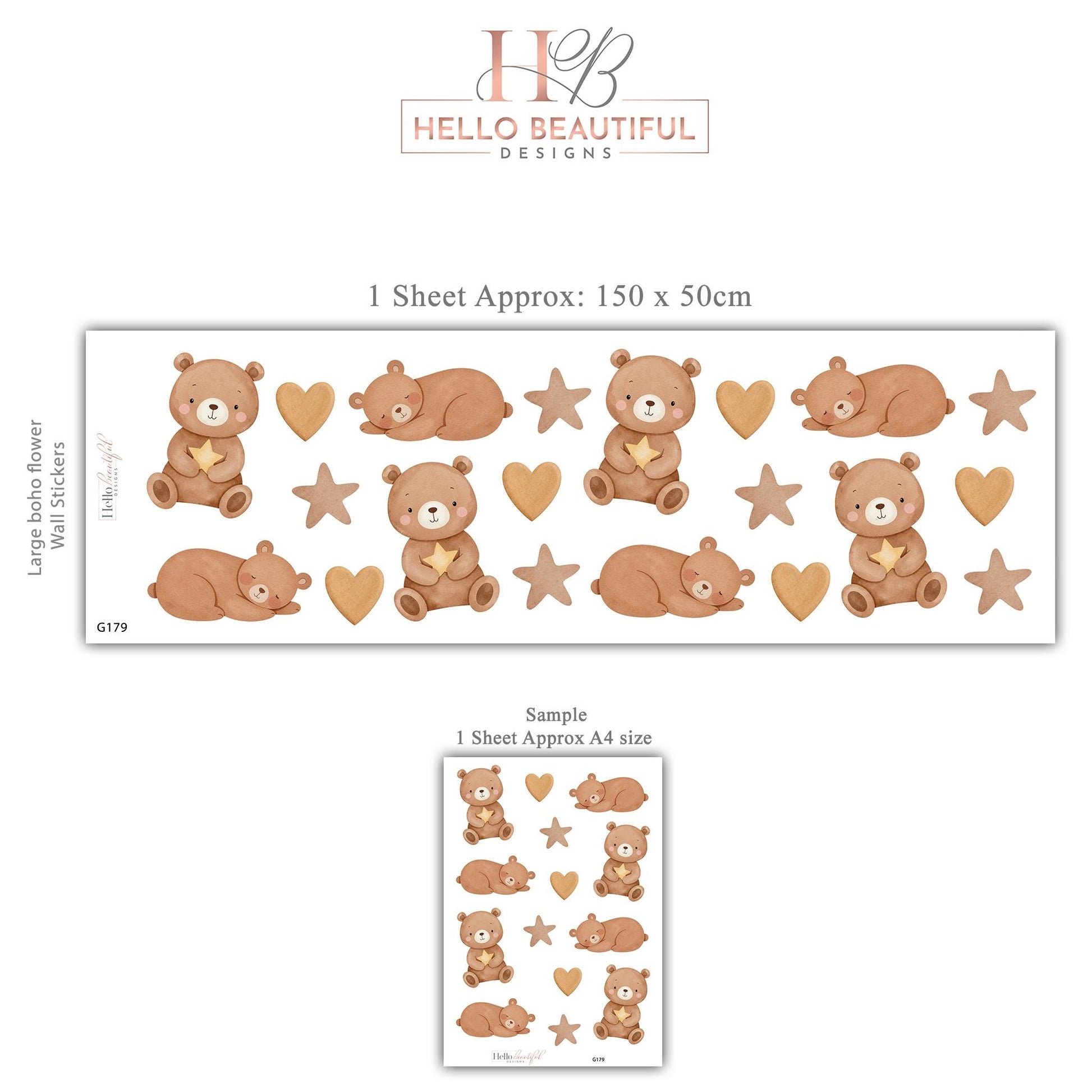 Teddy Bear Wall Stickers, Neutral Nursery Decor, Sleepy Bear Star Kids Room Wall Decals, Baby Room Decor, Peel and Stick Wall Art
