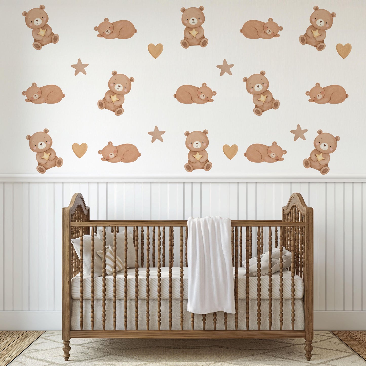 Teddy Bear Wall Stickers, Neutral Nursery Decor, Sleepy Bear Star Kids Room Wall Decals, Baby Room Decor, Peel and Stick Wall Art