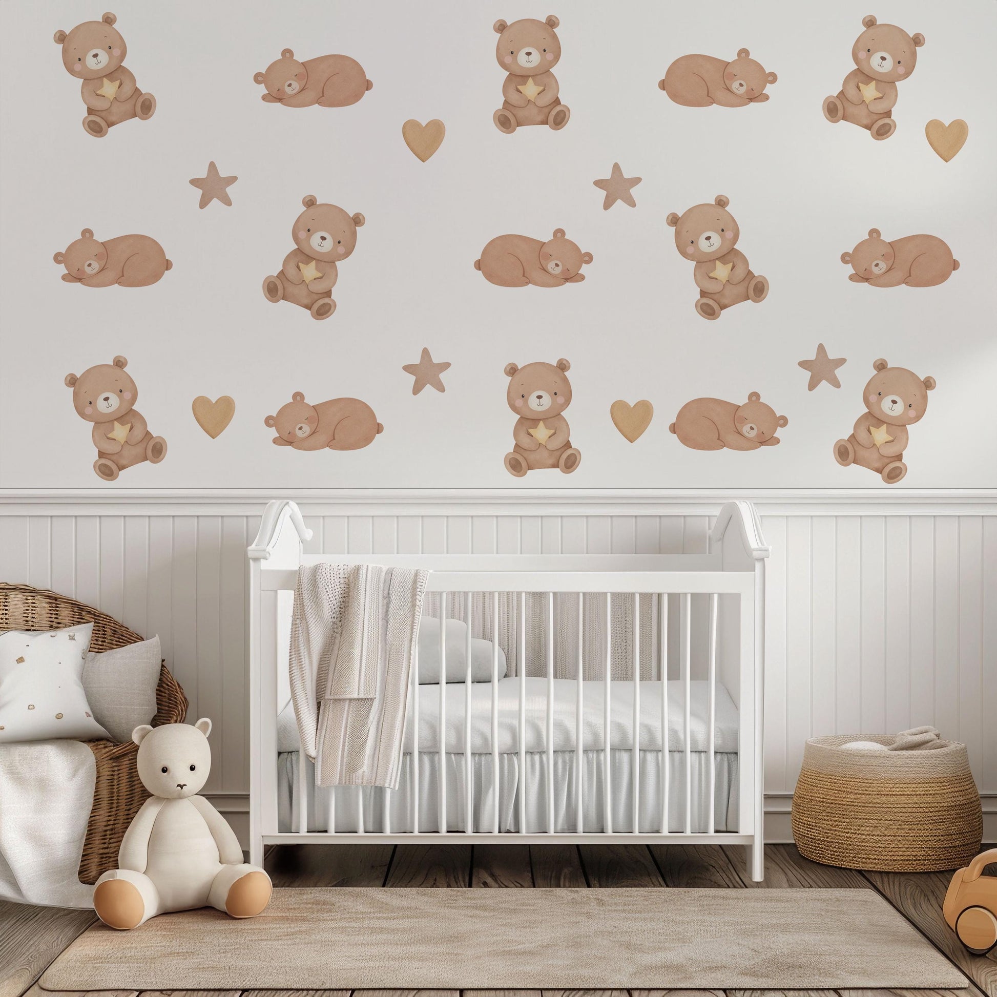 Teddy Bear Wall Stickers, Neutral Nursery Decor, Sleepy Bear Star Kids Room Wall Decals, Baby Room Decor, Peel and Stick Wall Art