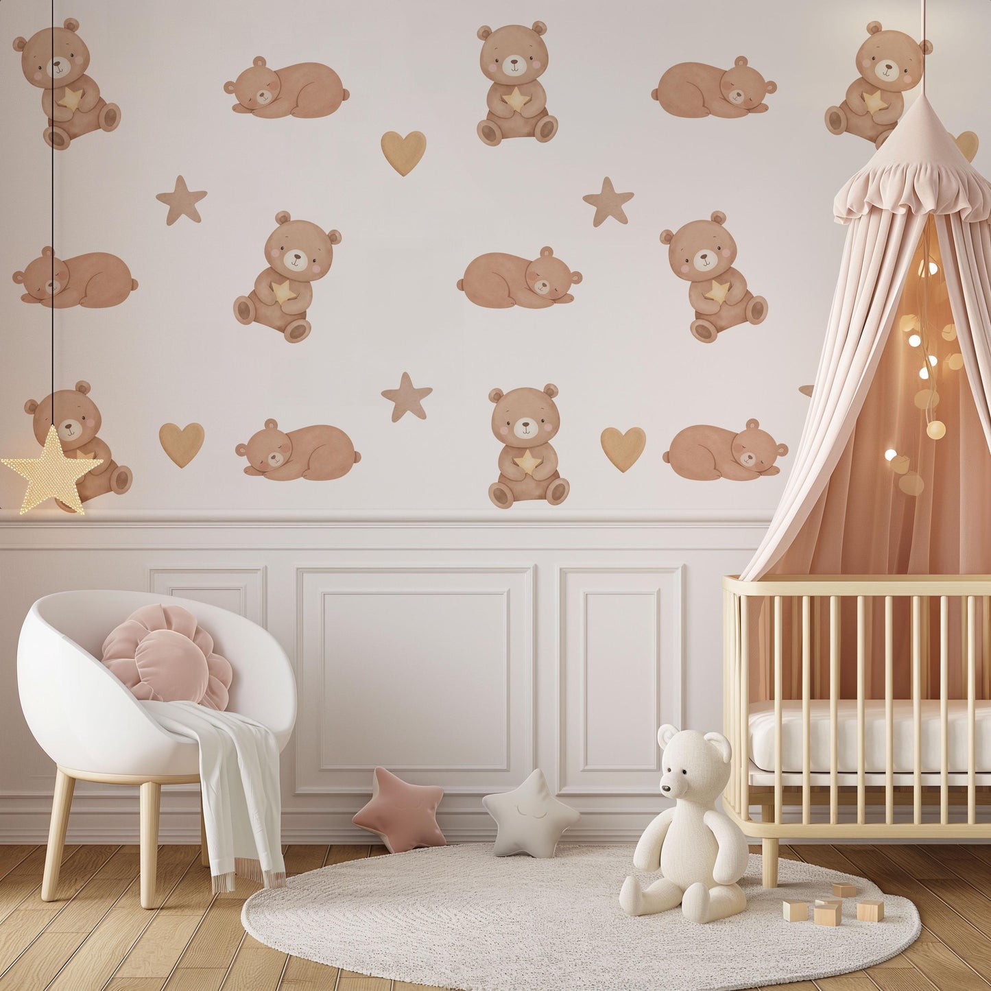 Teddy Bear Wall Stickers, Neutral Nursery Decor, Sleepy Bear Star Kids Room Wall Decals, Baby Room Decor, Peel and Stick Wall Art