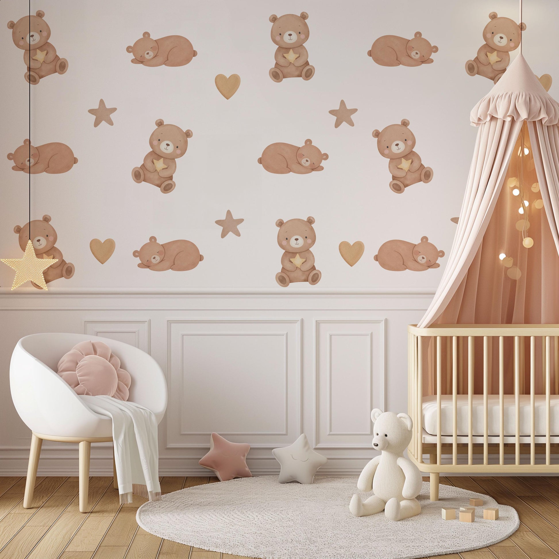 Teddy Bear Wall Stickers, Neutral Nursery Decor, Sleepy Bear Star Kids Room Wall Decals, Baby Room Decor, Peel and Stick Wall Art