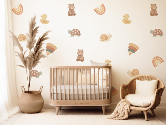 Animal Wall Stickers, Woodland Nursery Decor, Bear Duck Turtle Kids Room Wall Decals, Neutral Baby Room Decor, Peel and Stick Wall Art