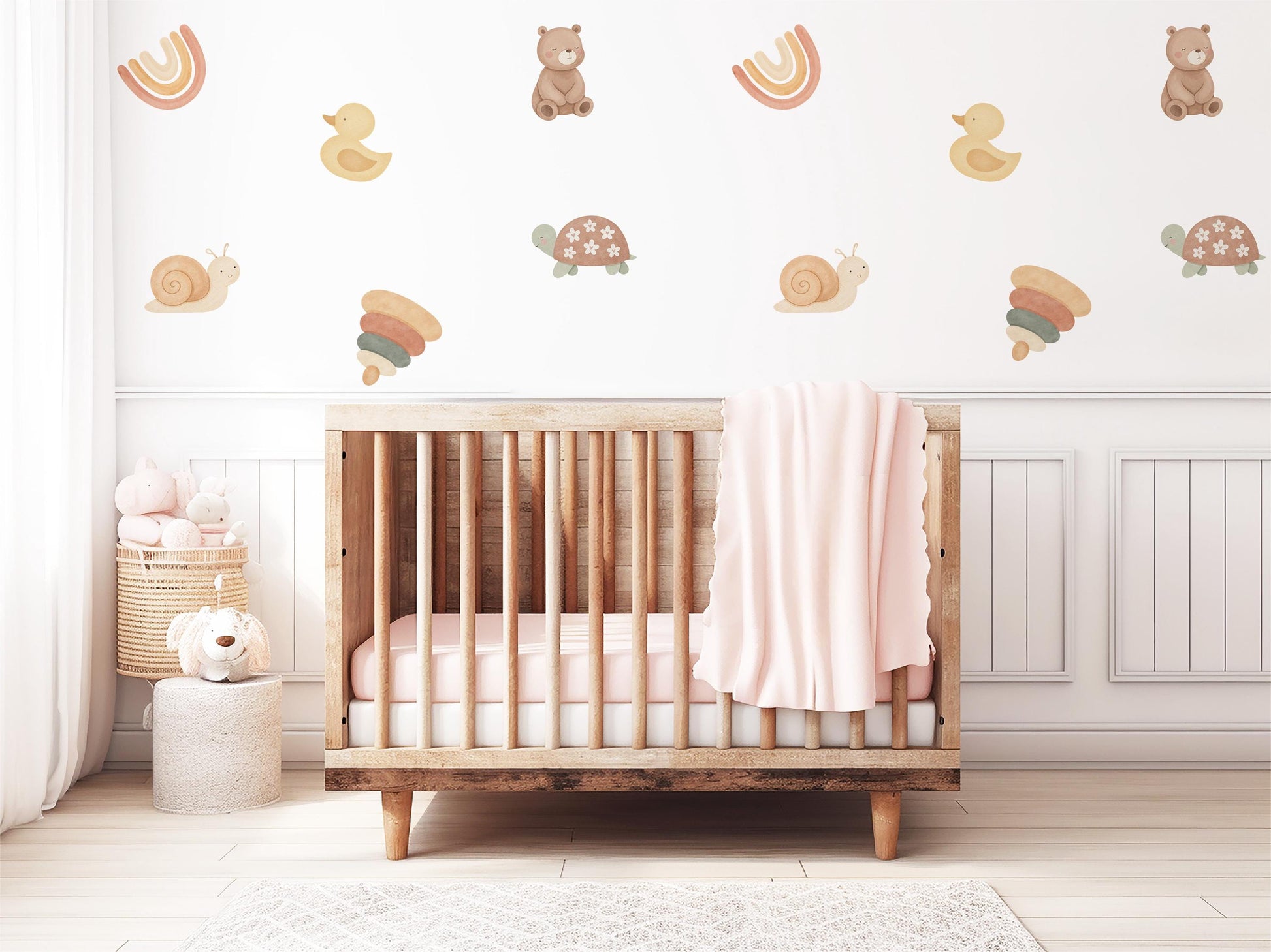 Animal Wall Stickers, Woodland Nursery Decor, Bear Duck Turtle Kids Room Wall Decals, Neutral Baby Room Decor, Peel and Stick Wall Art