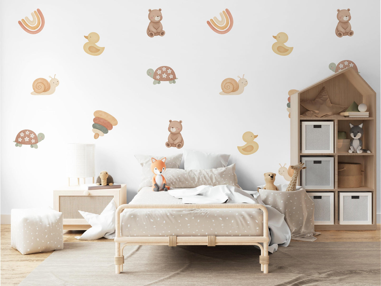 Animal Wall Stickers, Woodland Nursery Decor, Bear Duck Turtle Kids Room Wall Decals, Neutral Baby Room Decor, Peel and Stick Wall Art