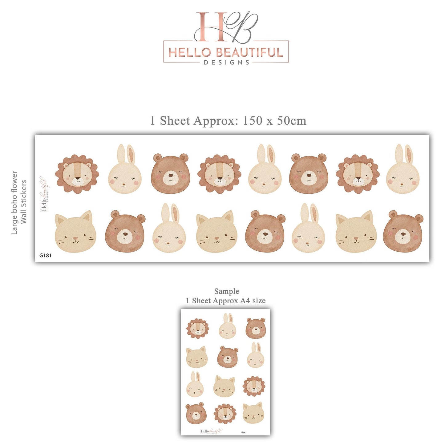 Animal Wall Stickers, Cute Animal Face Nursery Decor, Lion Bear Bunny Cat Kids Room Wall Decals, Neutral Baby Room Decor, Peel and Stick