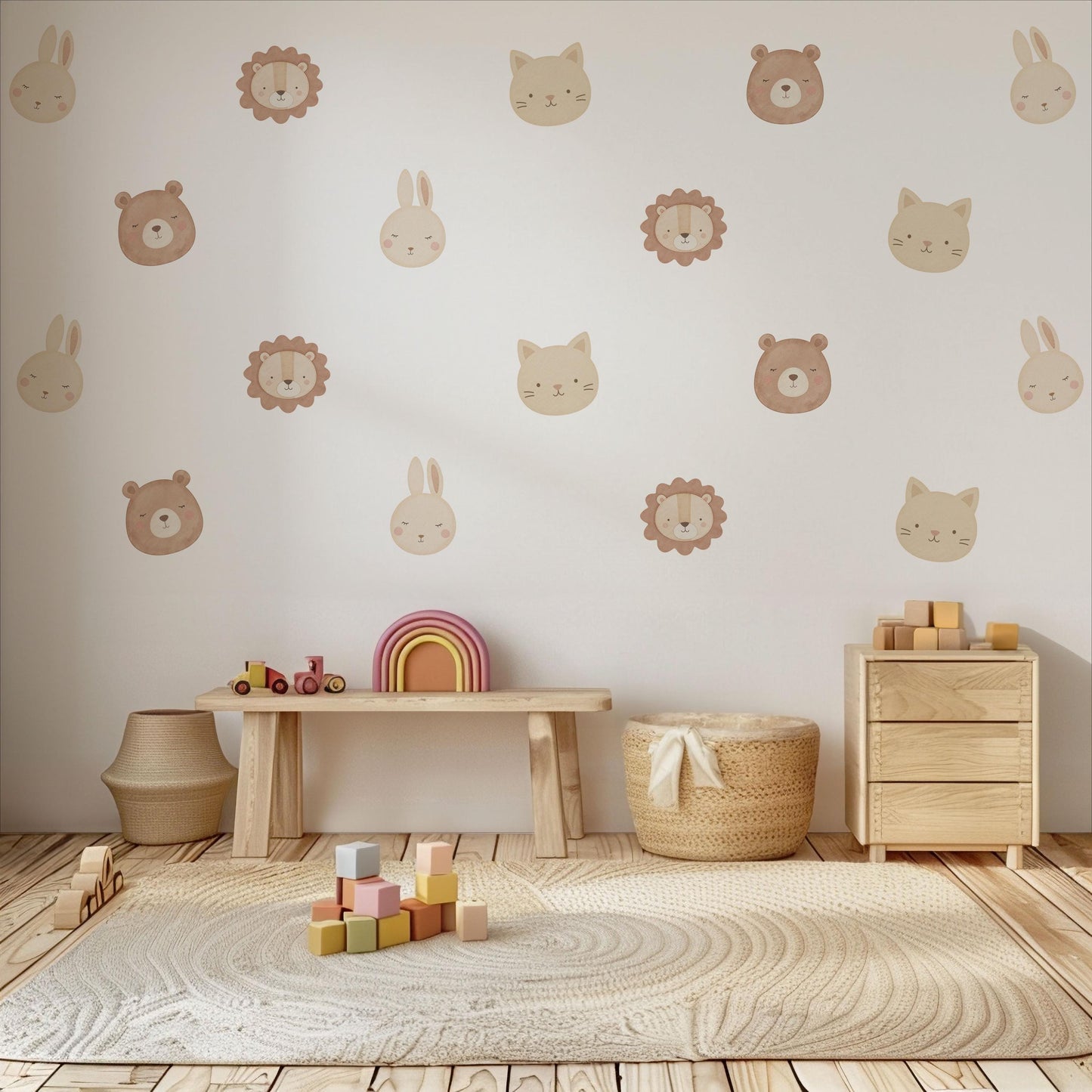 Animal Wall Stickers, Cute Animal Face Nursery Decor, Lion Bear Bunny Cat Kids Room Wall Decals, Neutral Baby Room Decor, Peel and Stick