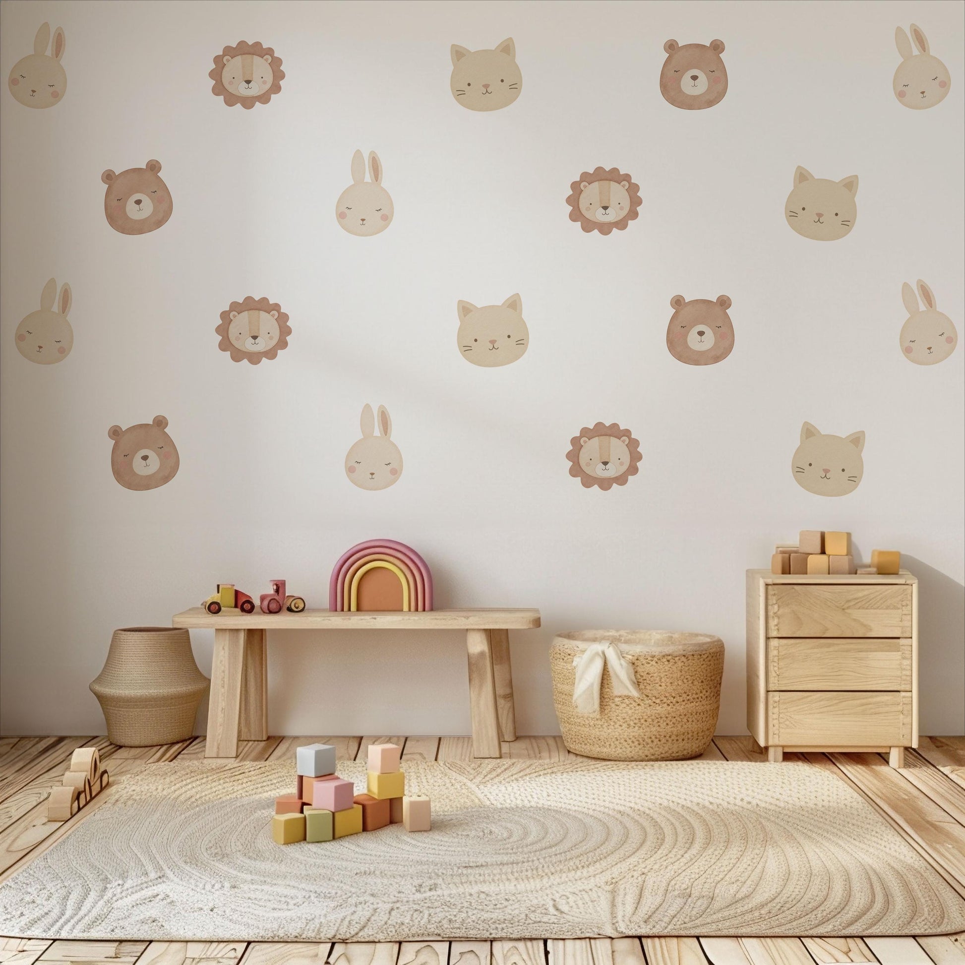 Animal Wall Stickers, Cute Animal Face Nursery Decor, Lion Bear Bunny Cat Kids Room Wall Decals, Neutral Baby Room Decor, Peel and Stick