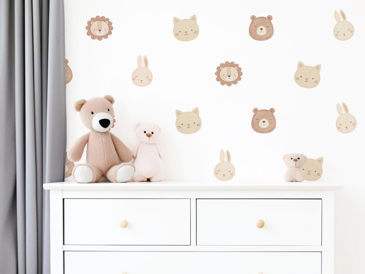 Animal Wall Stickers, Cute Animal Face Nursery Decor, Lion Bear Bunny Cat Kids Room Wall Decals, Neutral Baby Room Decor, Peel and Stick