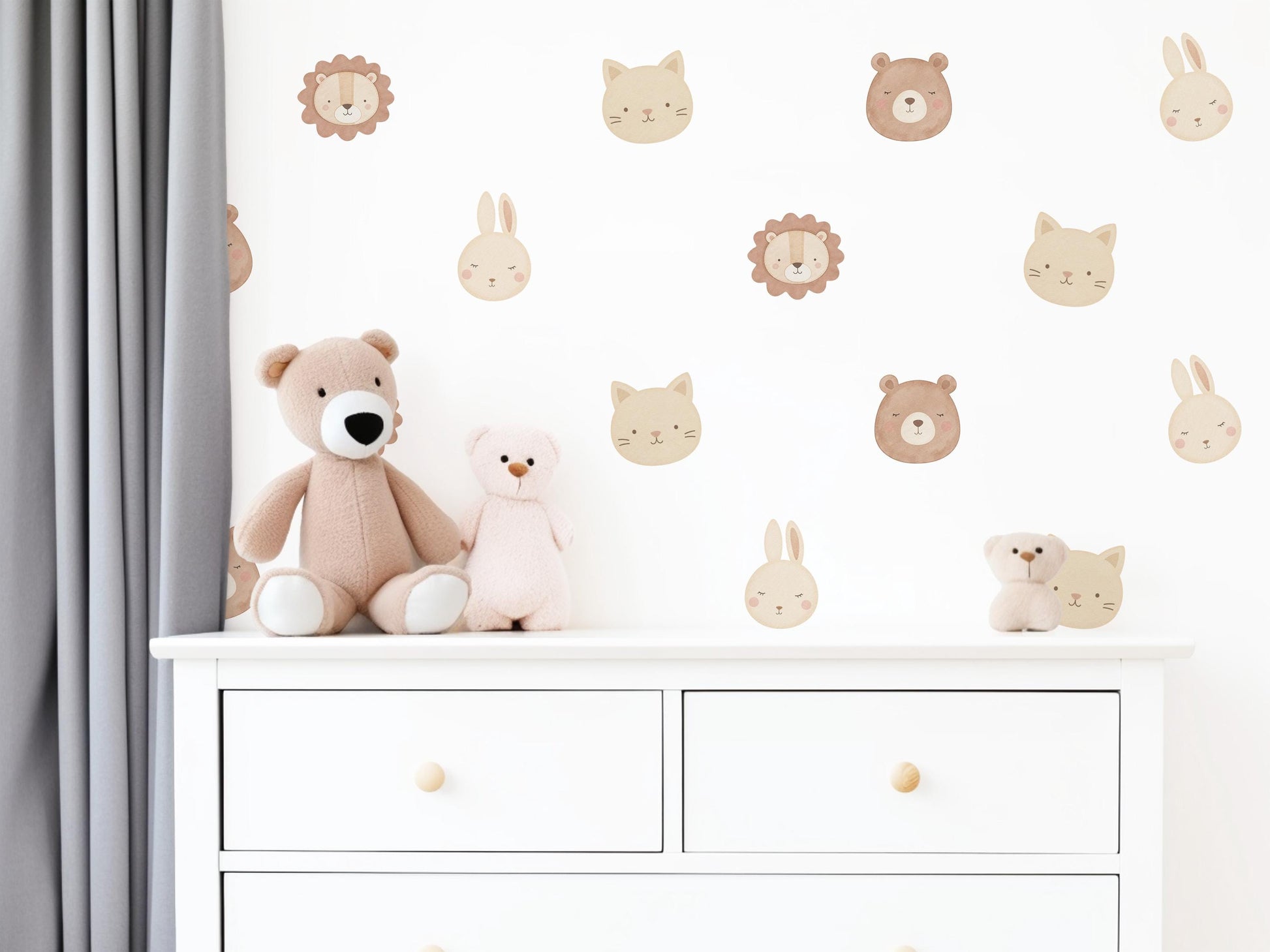 Animal Wall Stickers, Cute Animal Face Nursery Decor, Lion Bear Bunny Cat Kids Room Wall Decals, Neutral Baby Room Decor, Peel and Stick