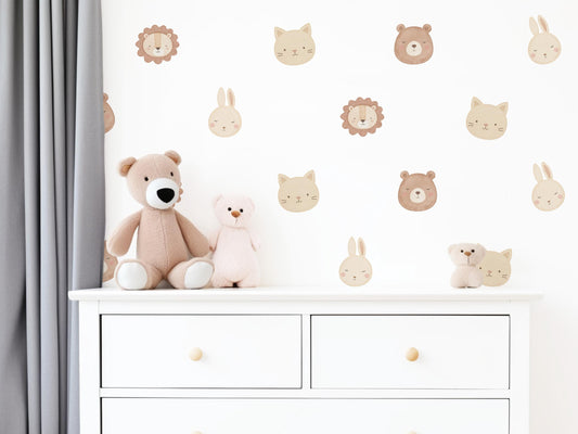 Animal Wall Stickers, Cute Animal Face Nursery Decor, Lion Bear Bunny Cat Kids Room Wall Decals, Neutral Baby Room Decor, Peel and Stick