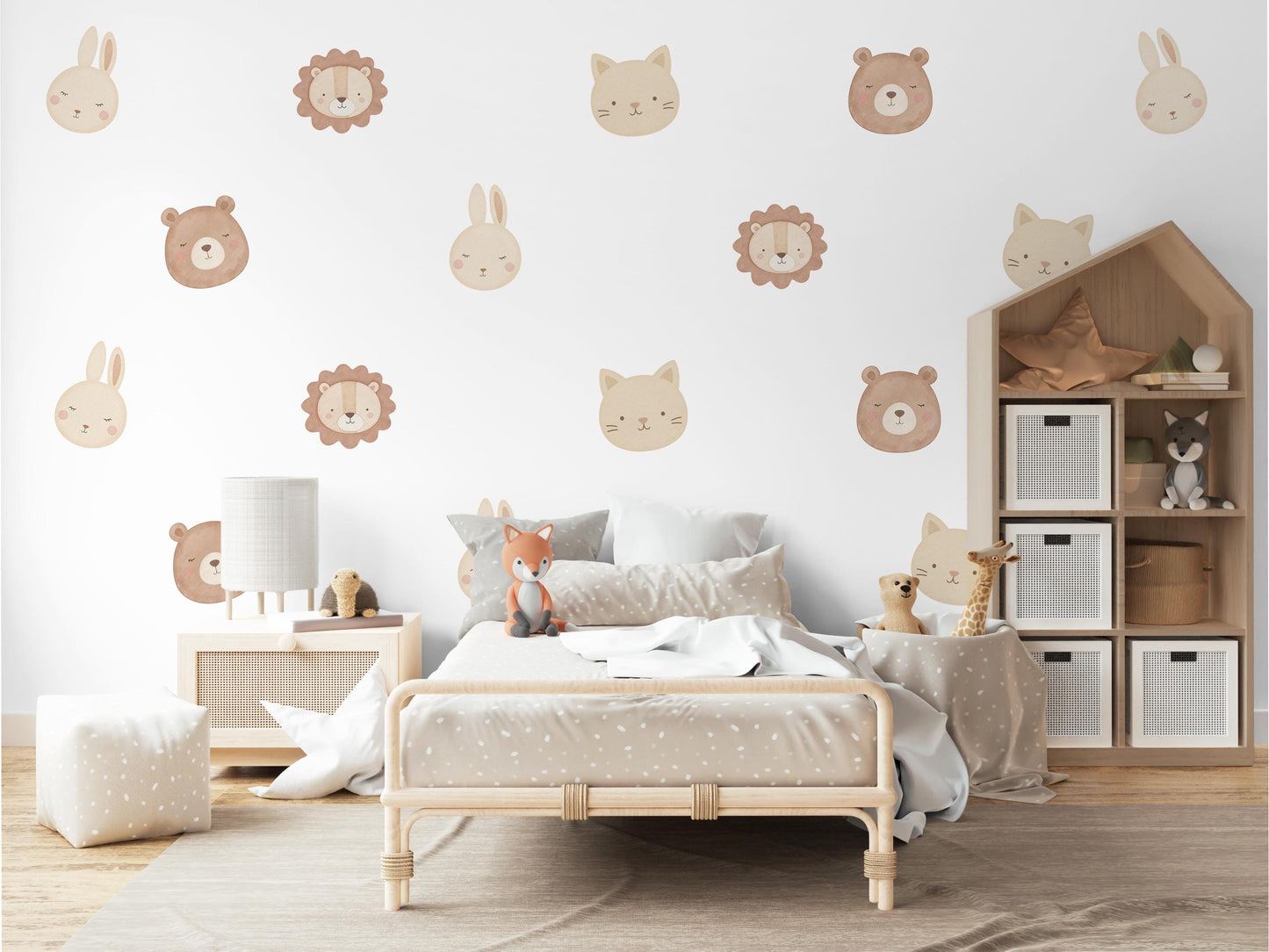 Animal Wall Stickers, Cute Animal Face Nursery Decor, Lion Bear Bunny Cat Kids Room Wall Decals, Neutral Baby Room Decor, Peel and Stick