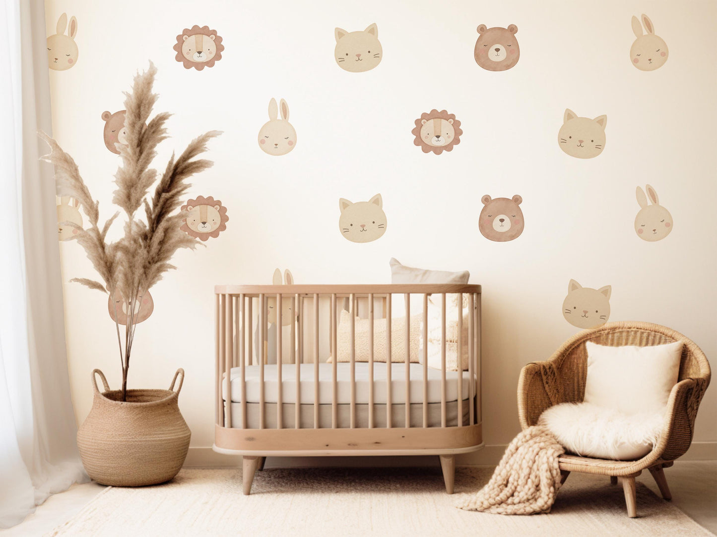 Animal Wall Stickers, Cute Animal Face Nursery Decor, Lion Bear Bunny Cat Kids Room Wall Decals, Neutral Baby Room Decor, Peel and Stick
