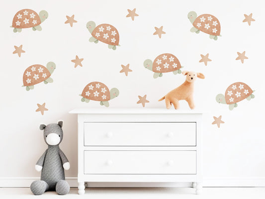 Turtle Wall Stickers, Boho Neutral Nursery Decor, Tortoise Star Kids Room Wall Decals, Animal Baby Room Decor, Peel and Stick Wall Art