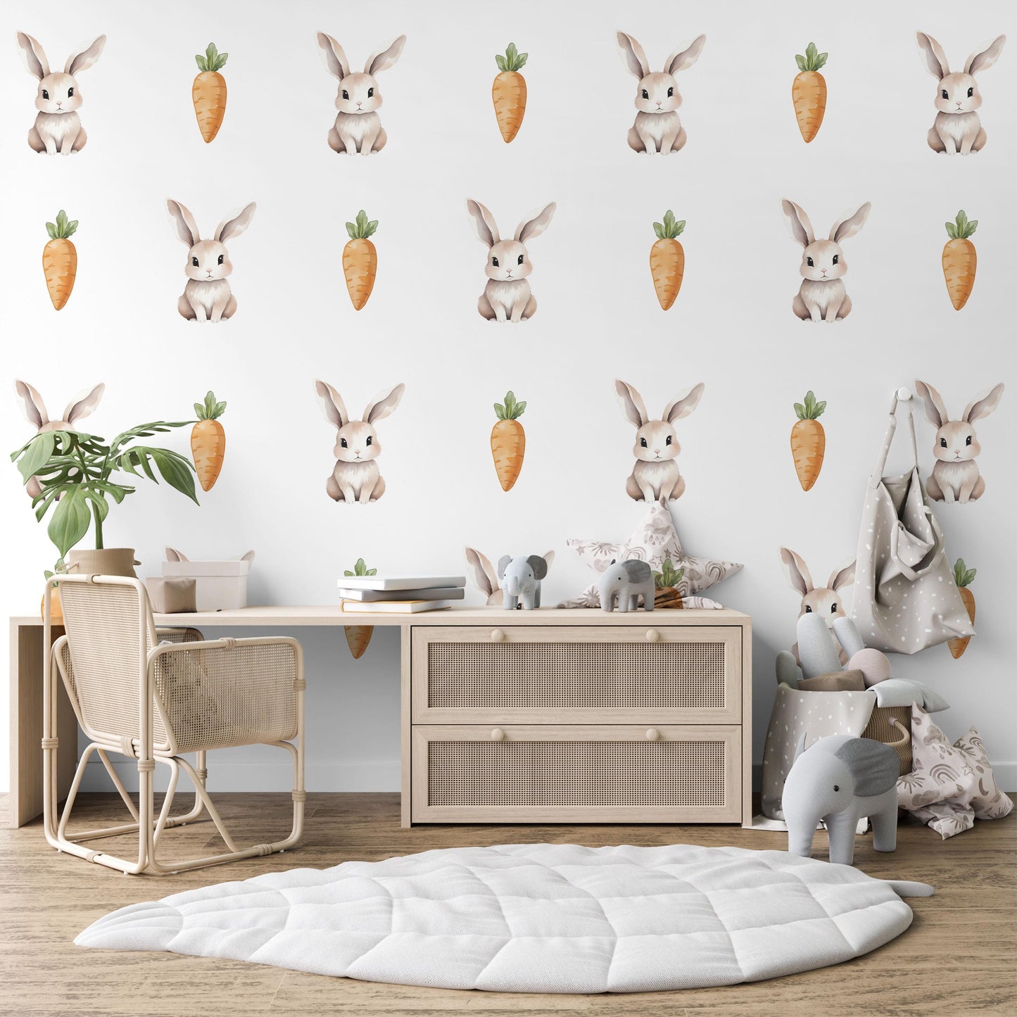 Bunny Wall Stickers, Watercolor Rabbit & Carrot Nursery Decor, Neutral Kids Room Wall Decals, Peel and Stick Baby Room Wall Art