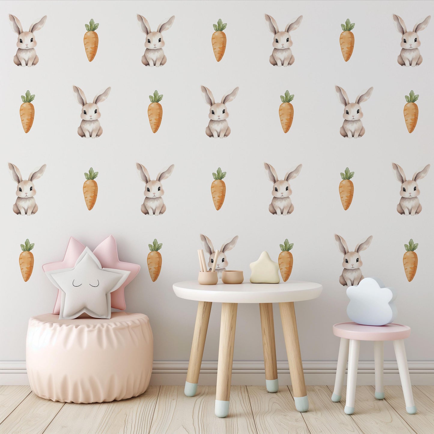 Bunny Wall Stickers, Watercolor Rabbit & Carrot Nursery Decor, Neutral Kids Room Wall Decals, Peel and Stick Baby Room Wall Art