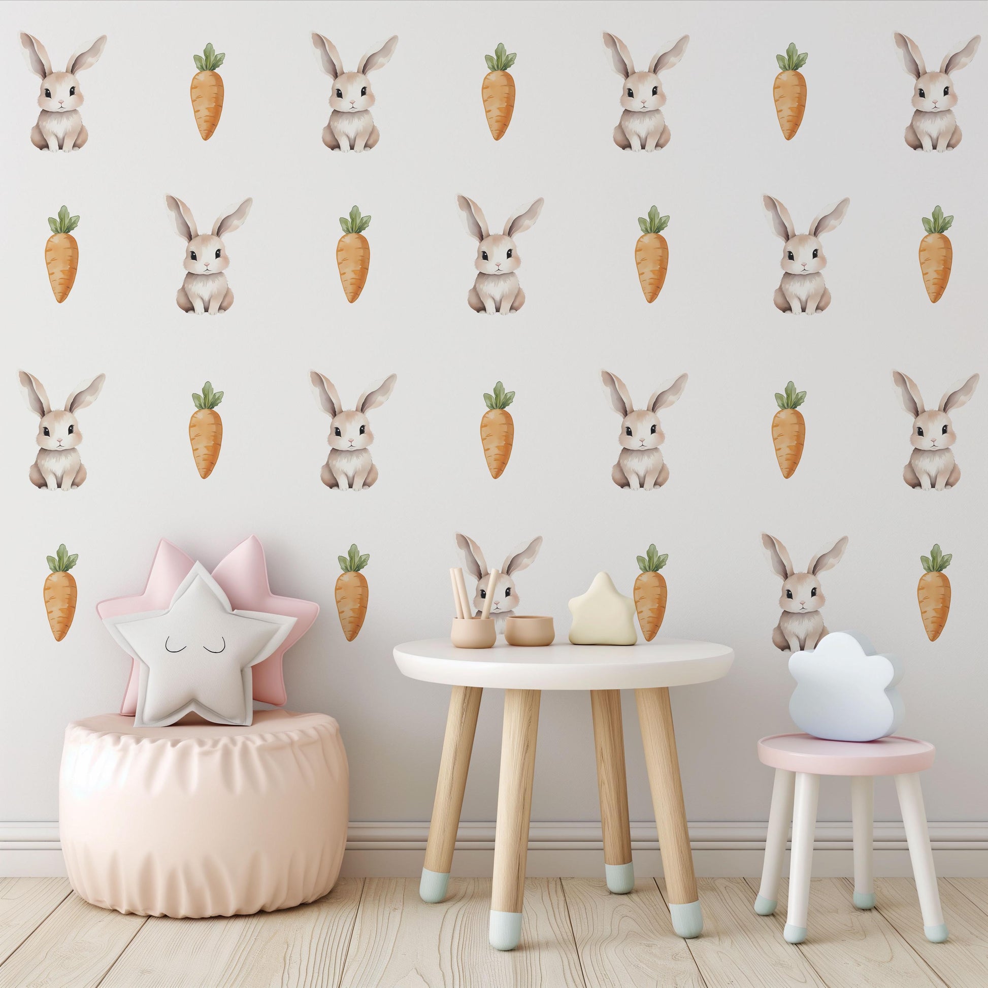 Bunny Wall Stickers, Watercolor Rabbit & Carrot Nursery Decor, Neutral Kids Room Wall Decals, Peel and Stick Baby Room Wall Art