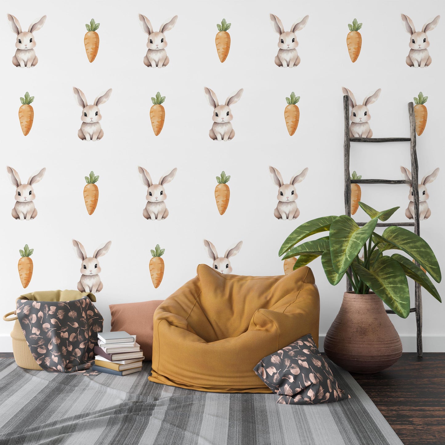 Bunny Wall Stickers, Watercolor Rabbit & Carrot Nursery Decor, Neutral Kids Room Wall Decals, Peel and Stick Baby Room Wall Art
