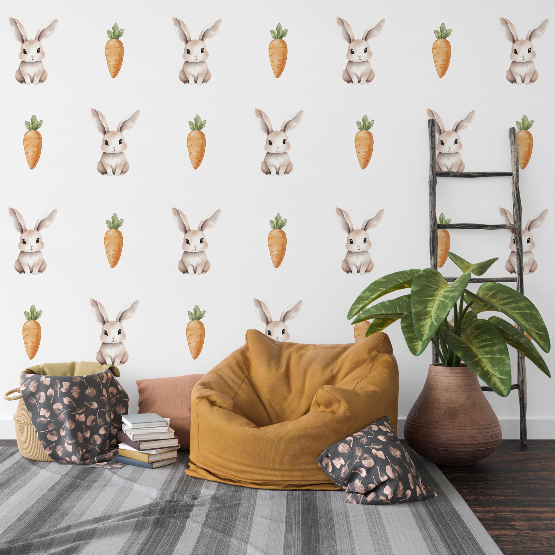 Bunny Wall Stickers, Watercolor Rabbit & Carrot Nursery Decor, Neutral Kids Room Wall Decals, Peel and Stick Baby Room Wall Art