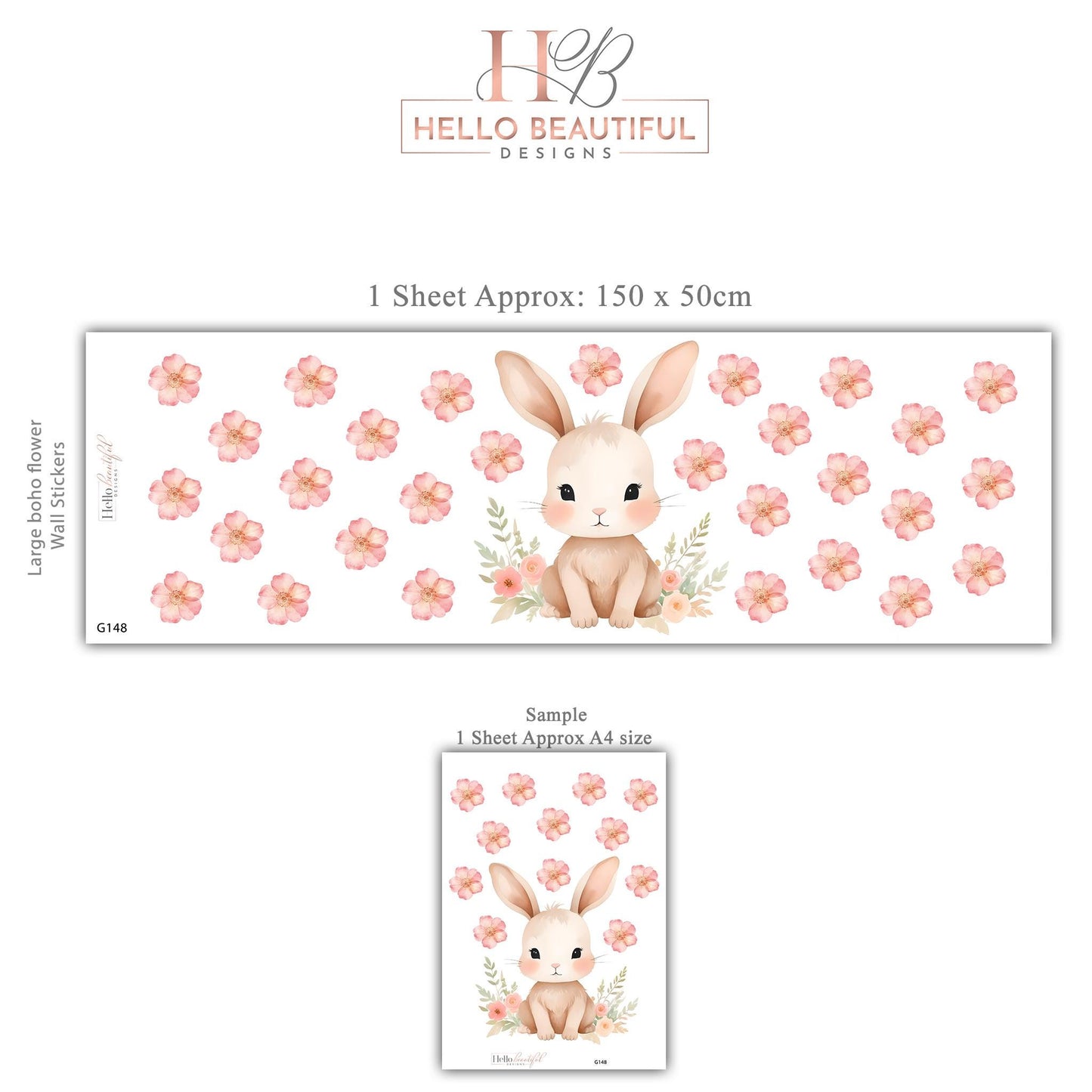 Pink Bunny Wall Stickers, Watercolor Floral Nursery Decor, Baby Girl Bedroom Wall Decals, Peel and Stick Bunny Flower Wall Art